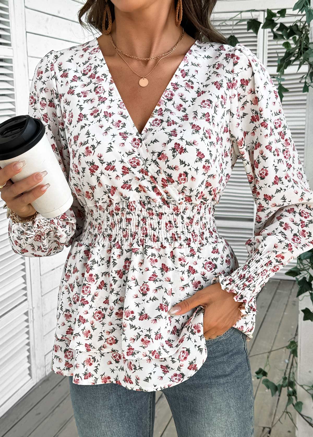 White Layered Ditsy Floral Print Long Sleeve Blouse | picture 