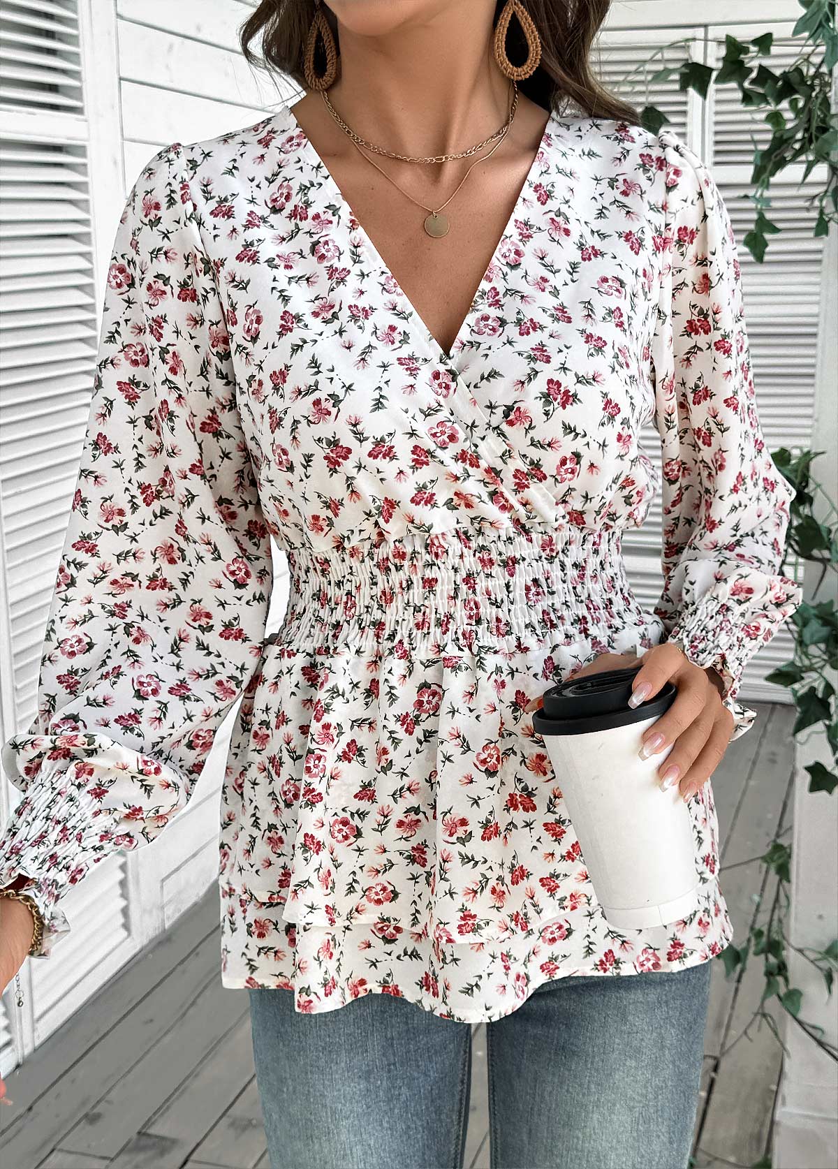 White Layered Ditsy Floral Print Long Sleeve Blouse | picture 