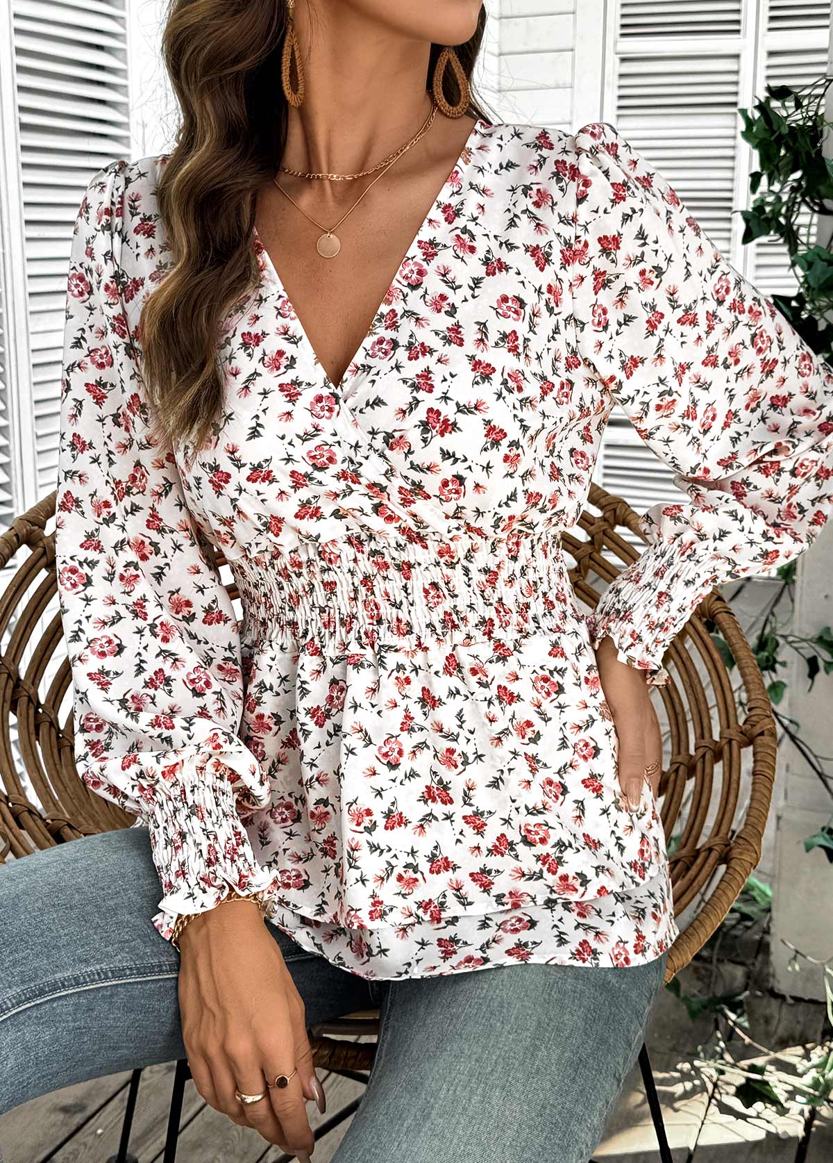 White Layered Ditsy Floral Print Long Sleeve Blouse | picture 