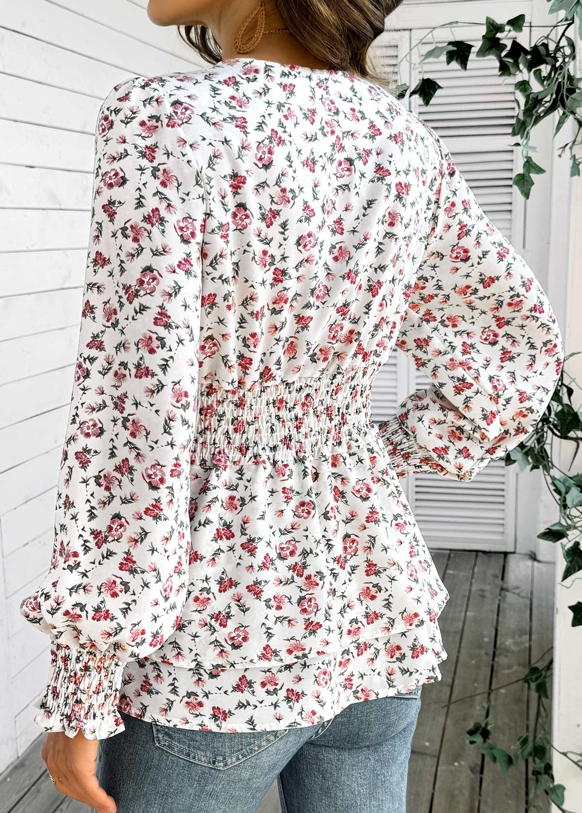 White Layered Ditsy Floral Print Long Sleeve Blouse | picture 