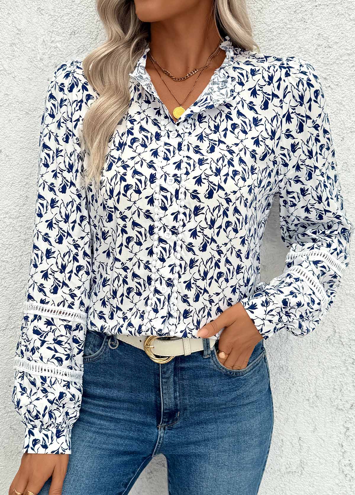 White Patchwork Ditsy Floral Print Long Sleeve Blouse | picture 