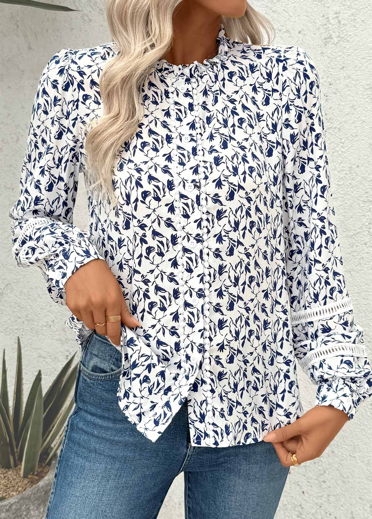 White Patchwork Ditsy Floral Print Long Sleeve Blouse | picture 