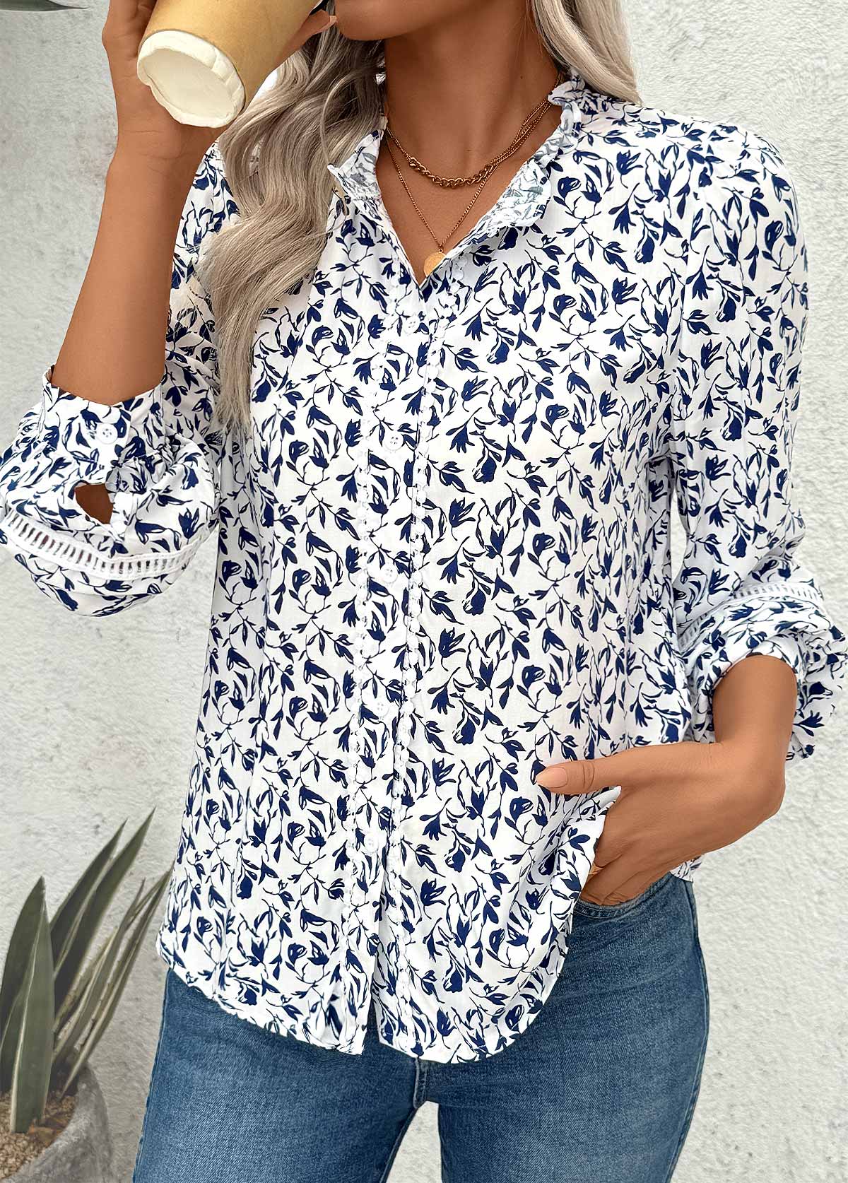 White Patchwork Ditsy Floral Print Long Sleeve Blouse | picture 