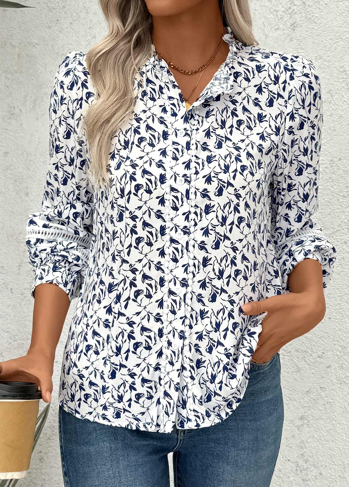 White Patchwork Ditsy Floral Print Long Sleeve Blouse | picture 