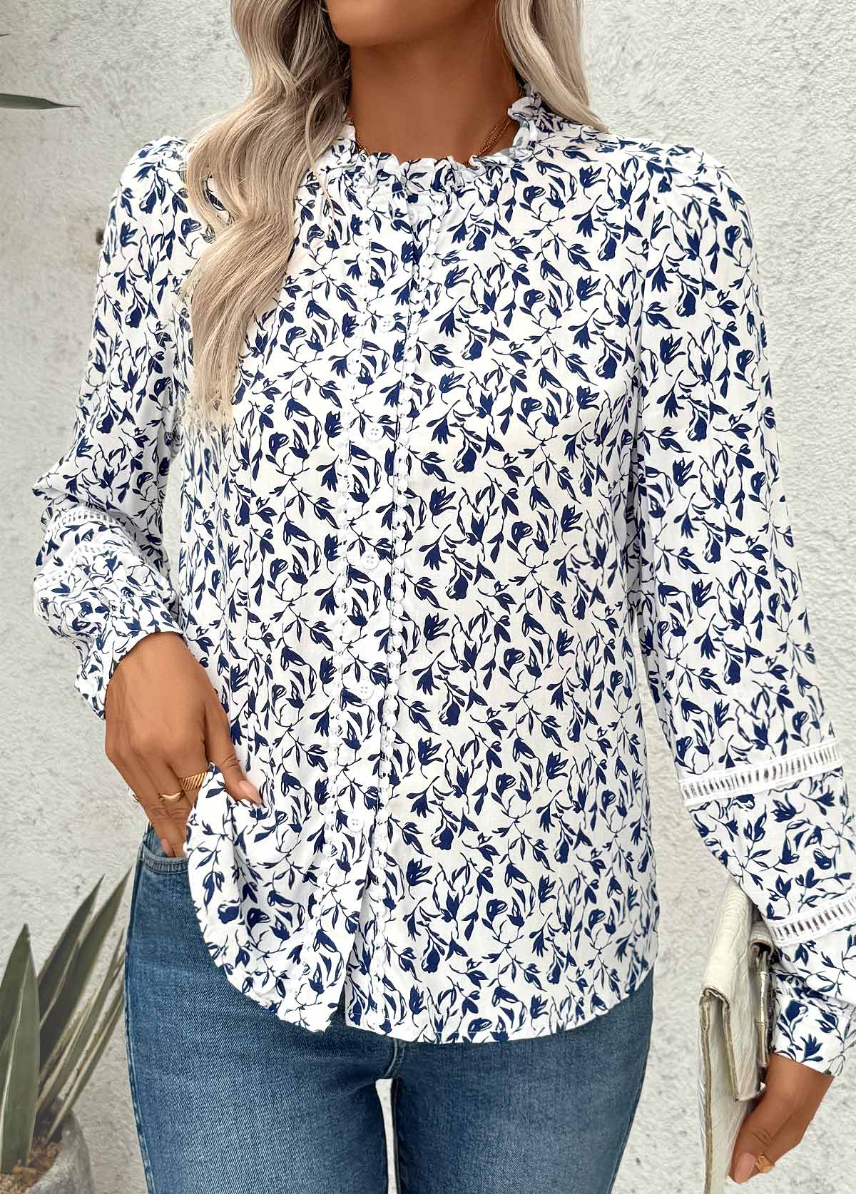 White Patchwork Ditsy Floral Print Long Sleeve Blouse | picture 