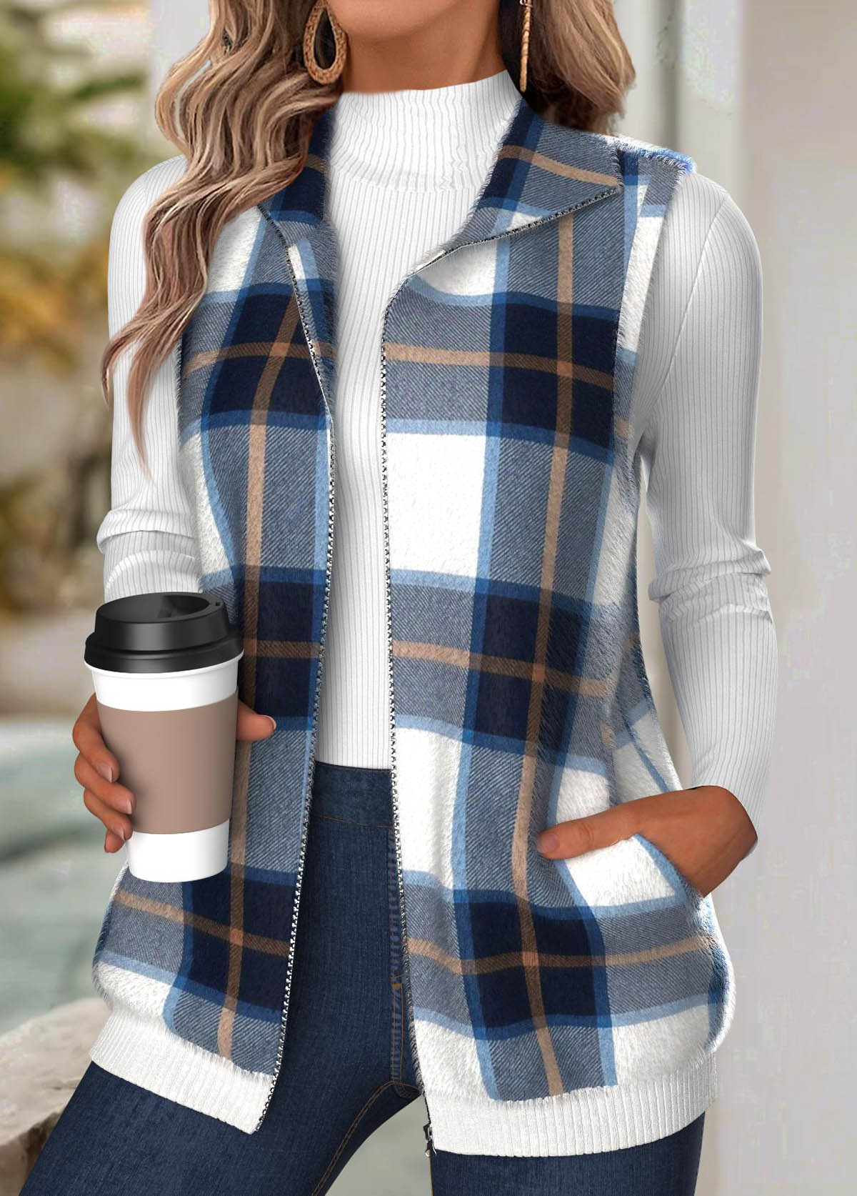 Navy Tummy Coverage Plaid Sleeveless Turn Down Collar Waistcoat | picture 