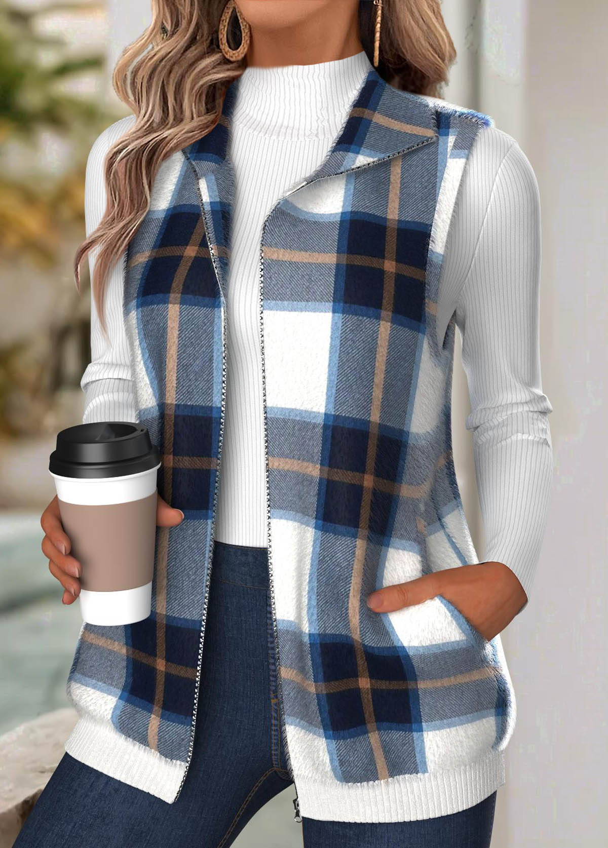 Navy Tummy Coverage Plaid Sleeveless Turn Down Collar Waistcoat | picture 
