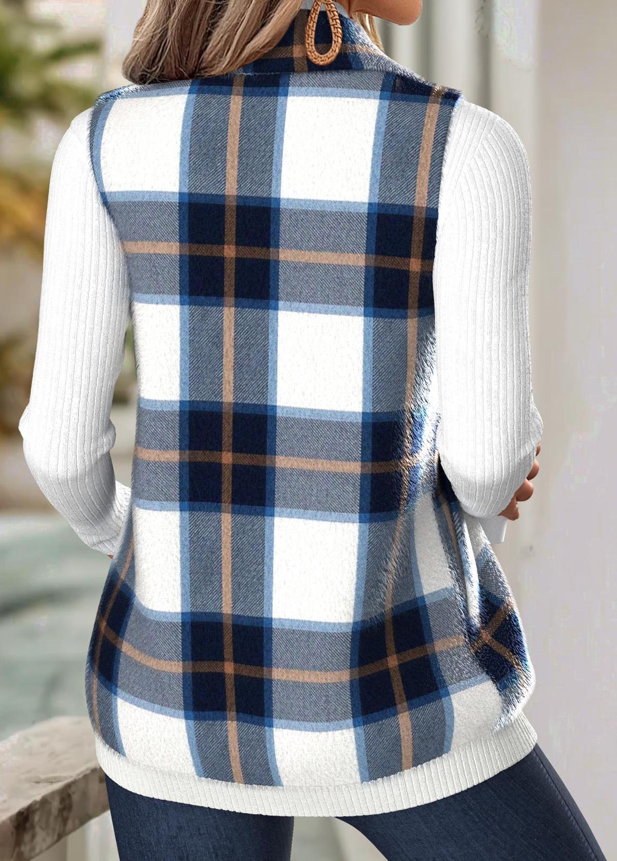 Navy Tummy Coverage Plaid Sleeveless Turn Down Collar Waistcoat | picture 