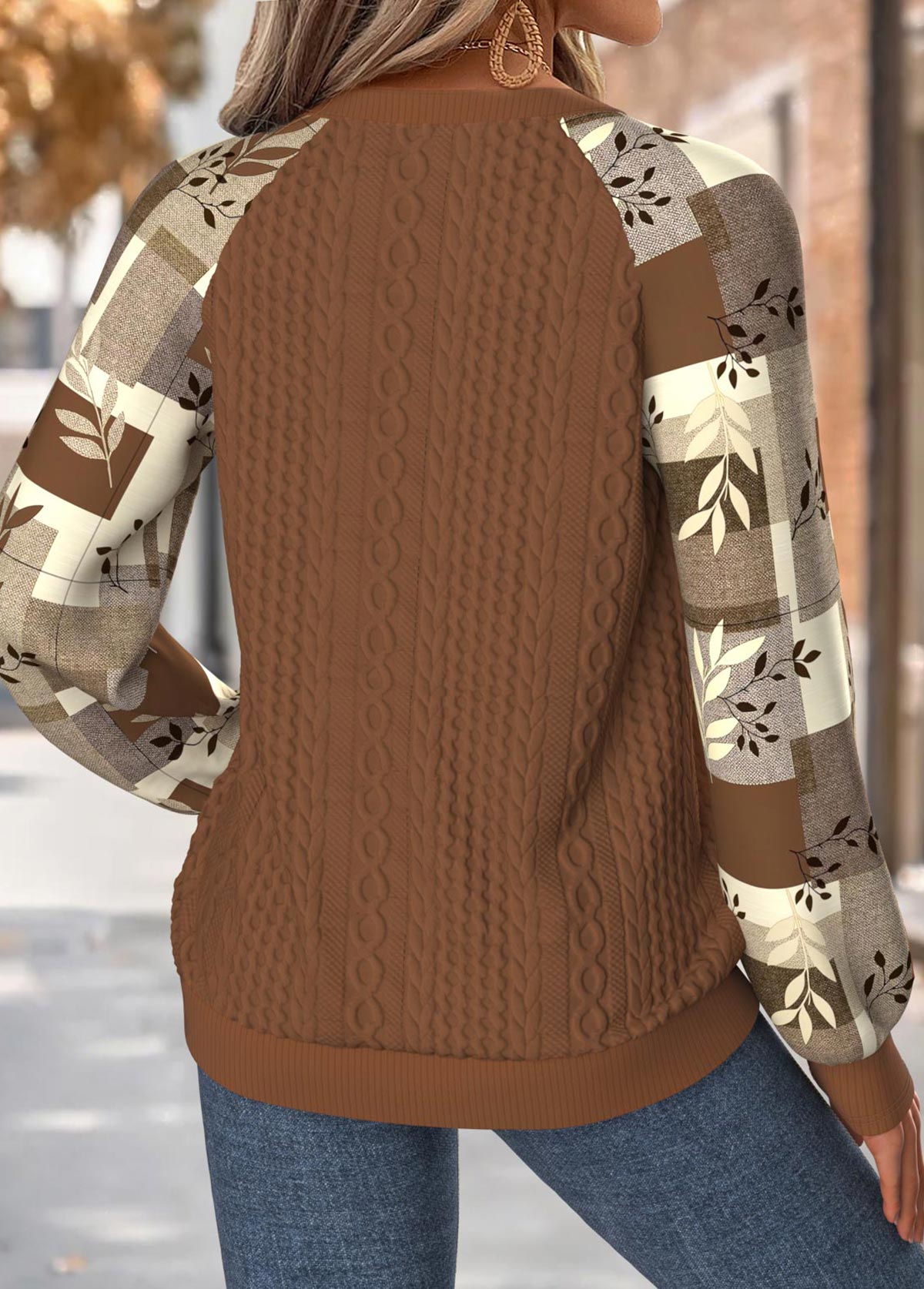 Dark Coffee Tummy Coverage Plaid Long Sleeve Sweatshirt | picture 