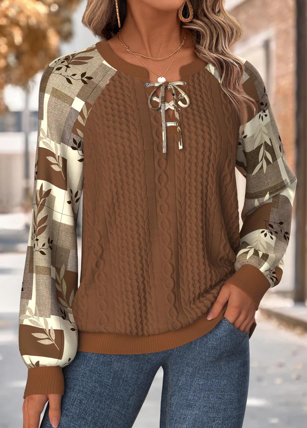 Dark Coffee Tummy Coverage Plaid Long Sleeve Sweatshirt | picture 