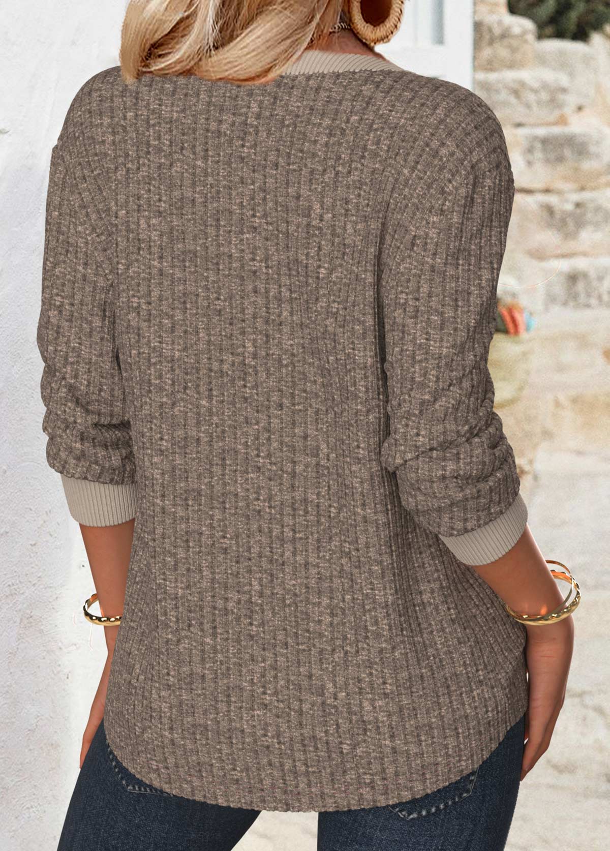 Gray Brown Tummy Coverage Long Sleeve Split Neck Sweatshirt | picture 