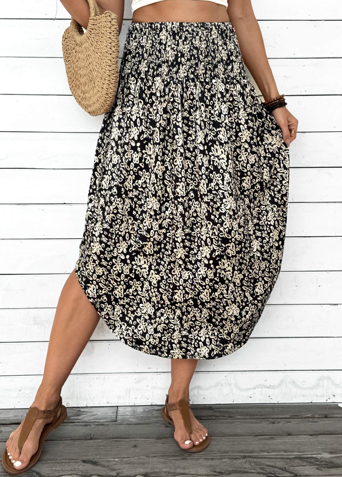 Black Floral Print A Line Elastic Waist Skirt | picture 