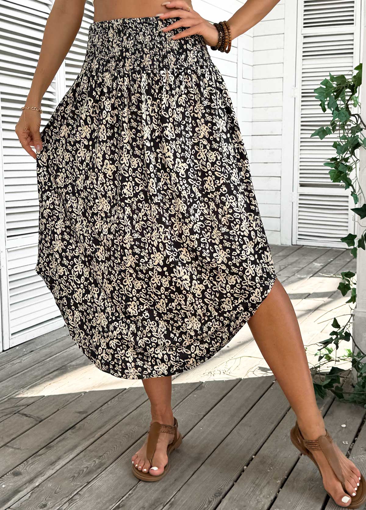 Black Floral Print A Line Elastic Waist Skirt | picture 