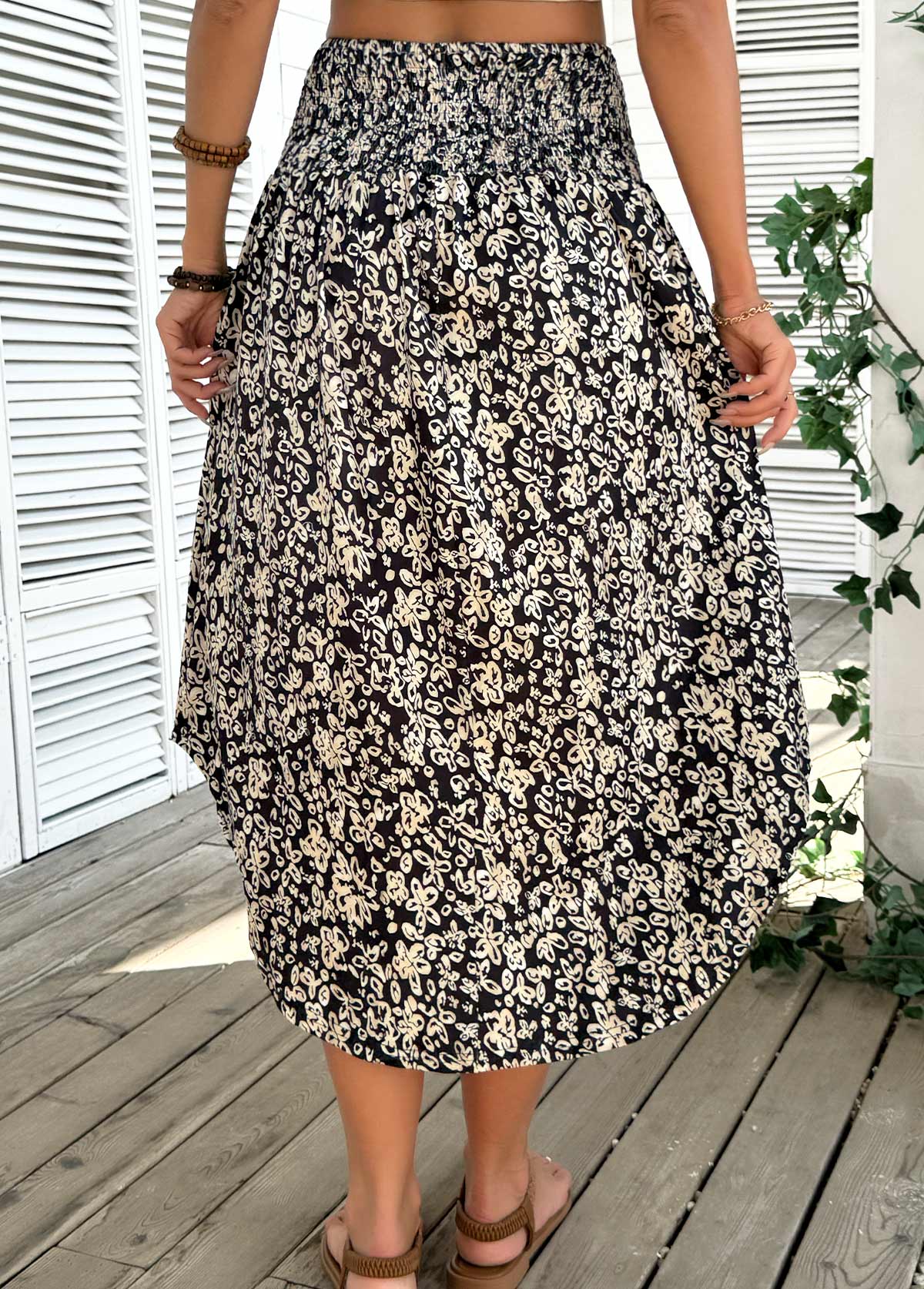 Black Floral Print A Line Elastic Waist Skirt | picture 