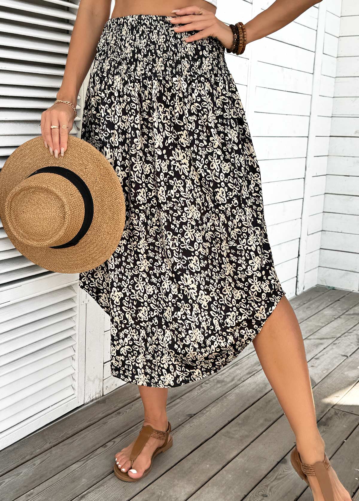 Black Floral Print A Line Elastic Waist Skirt | picture 