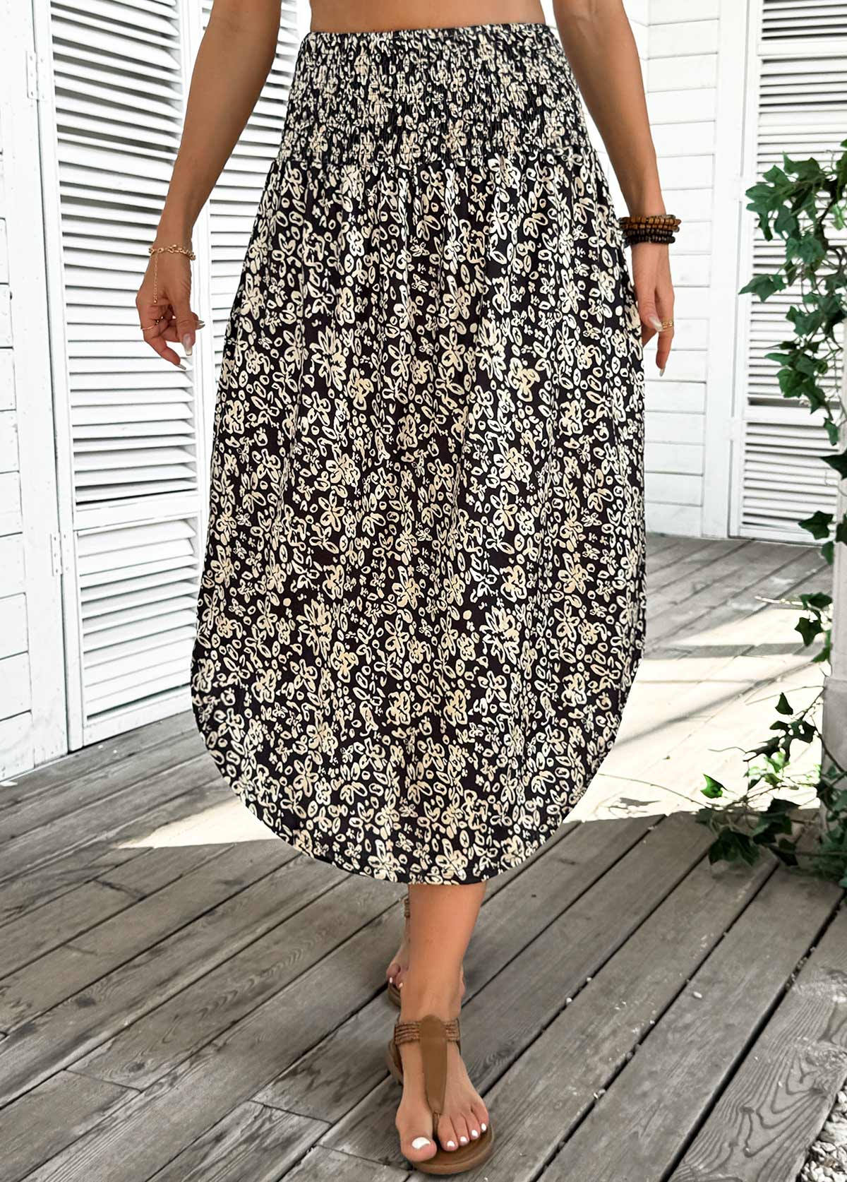 Black Floral Print A Line Elastic Waist Skirt | picture 