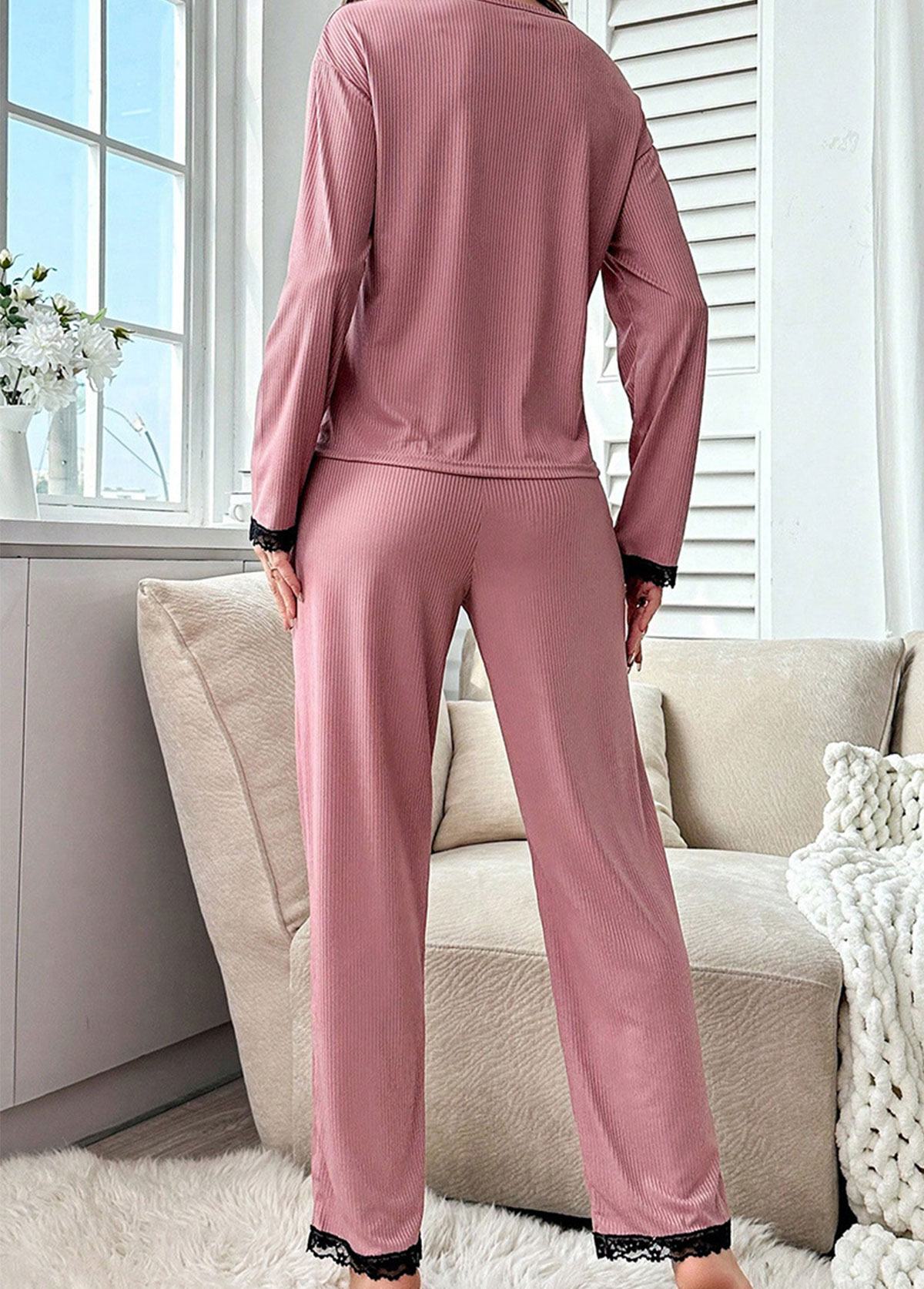Pink Long Sleeve Round Neck Lounge Top and Pants | picture 