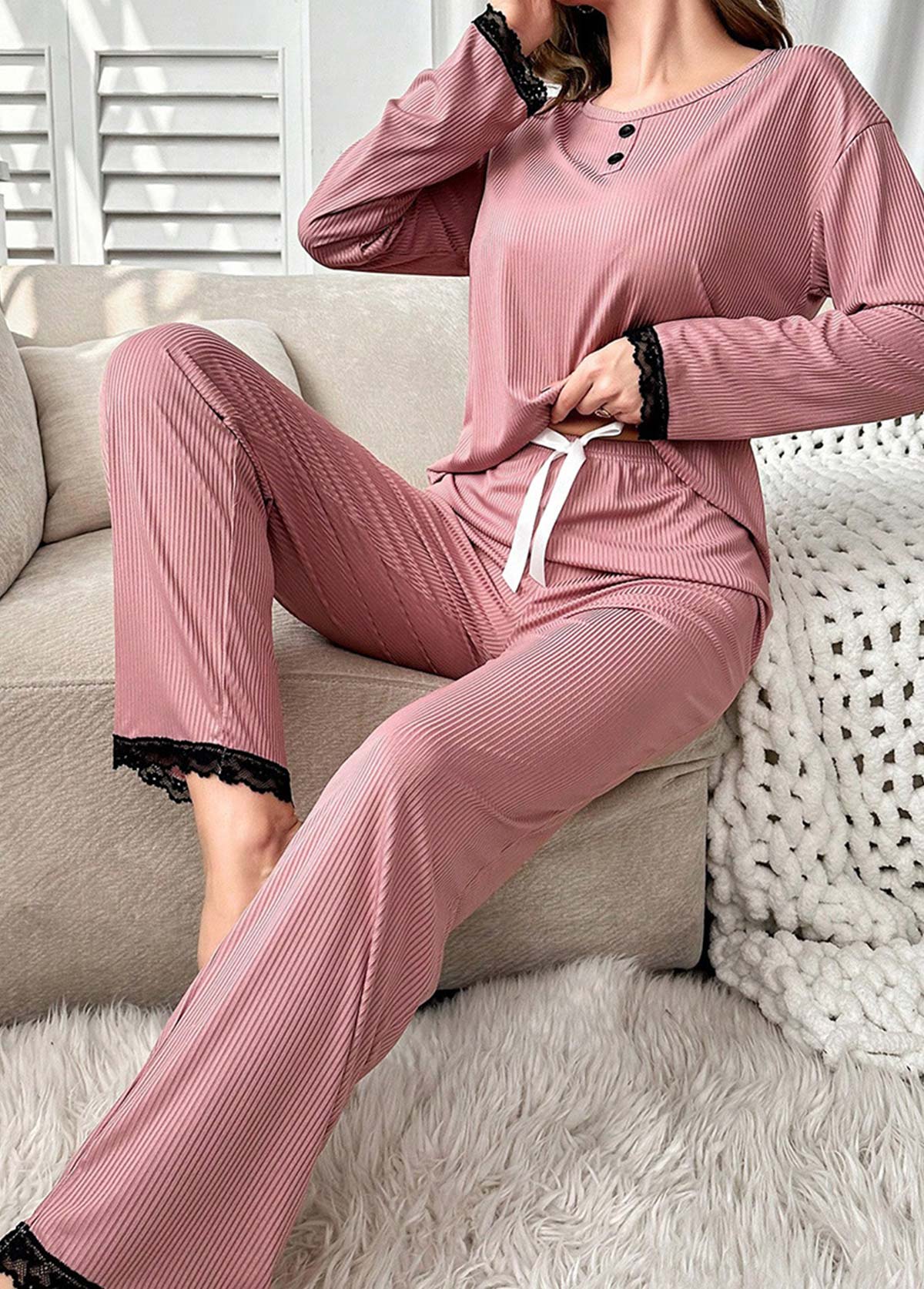 Pink Long Sleeve Round Neck Lounge Top and Pants | picture 