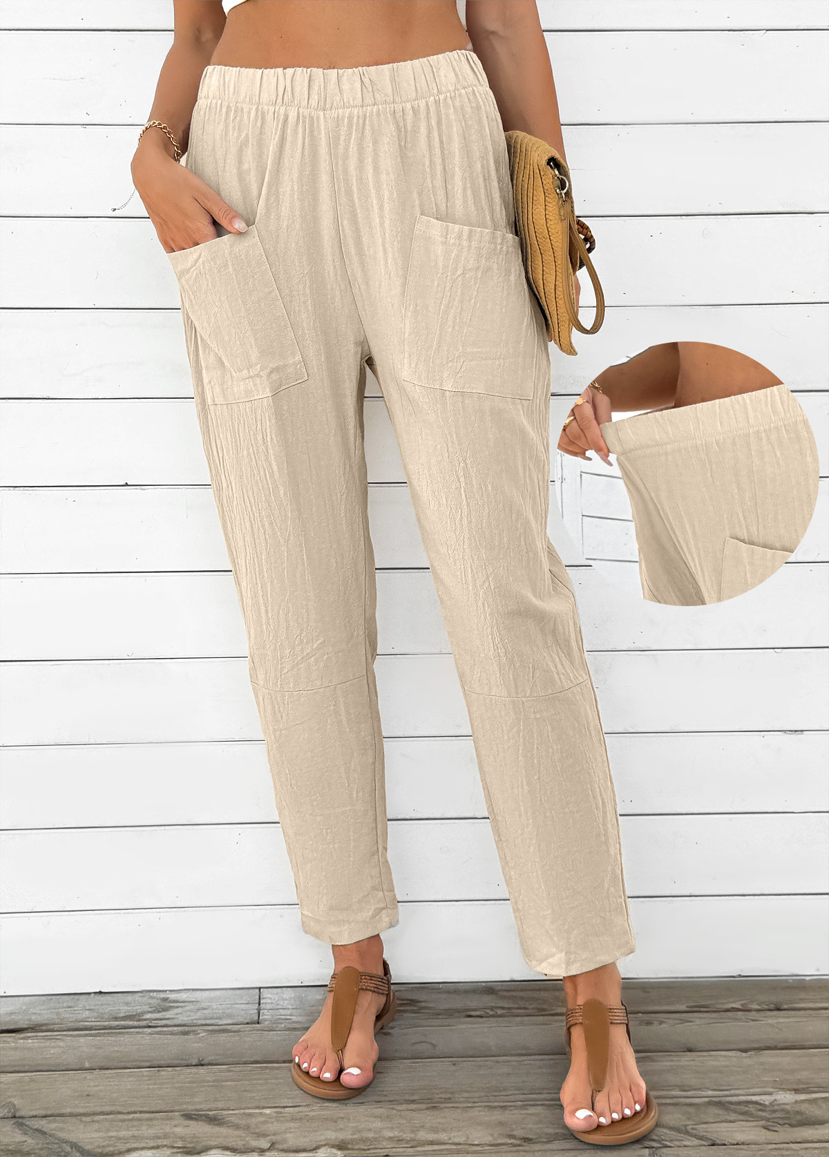 Light Camel Straight Leg Elastic Waist High Waisted Pants | picture 