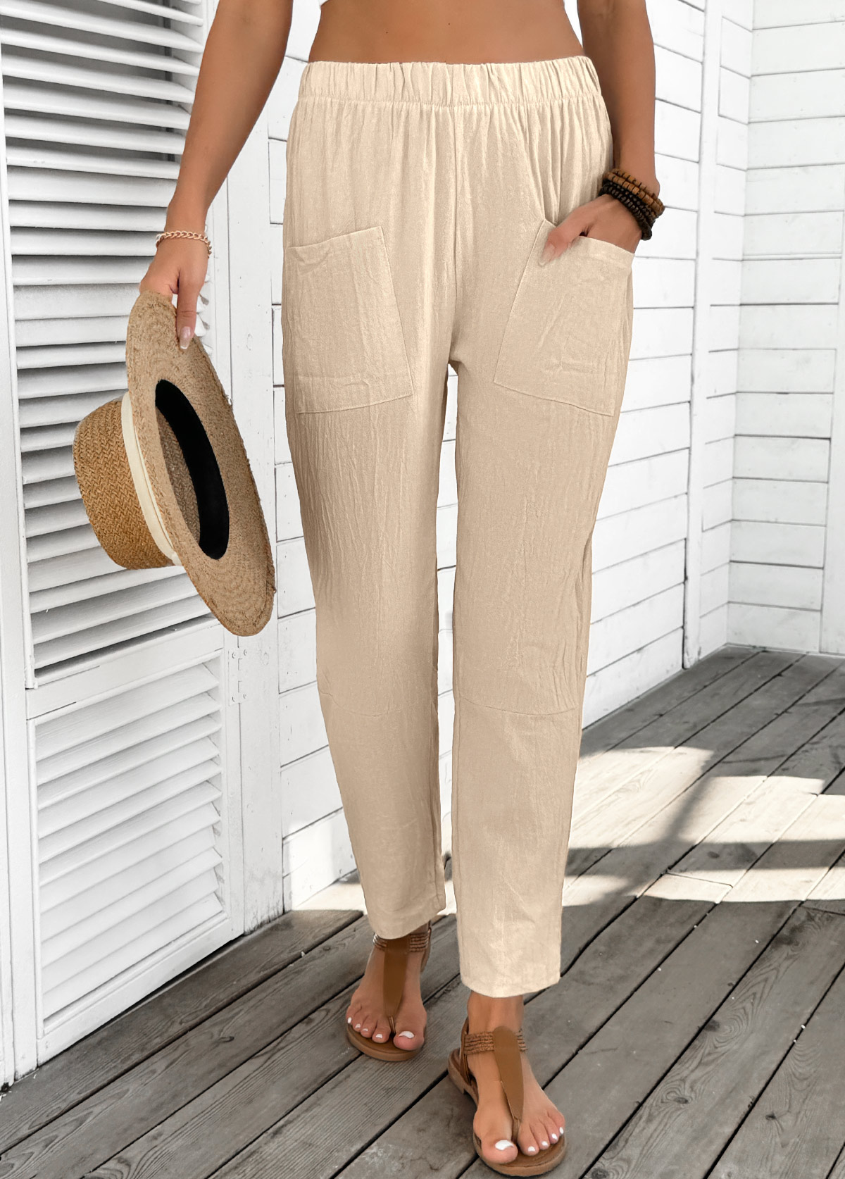 Light Camel Straight Leg Elastic Waist High Waisted Pants | picture 