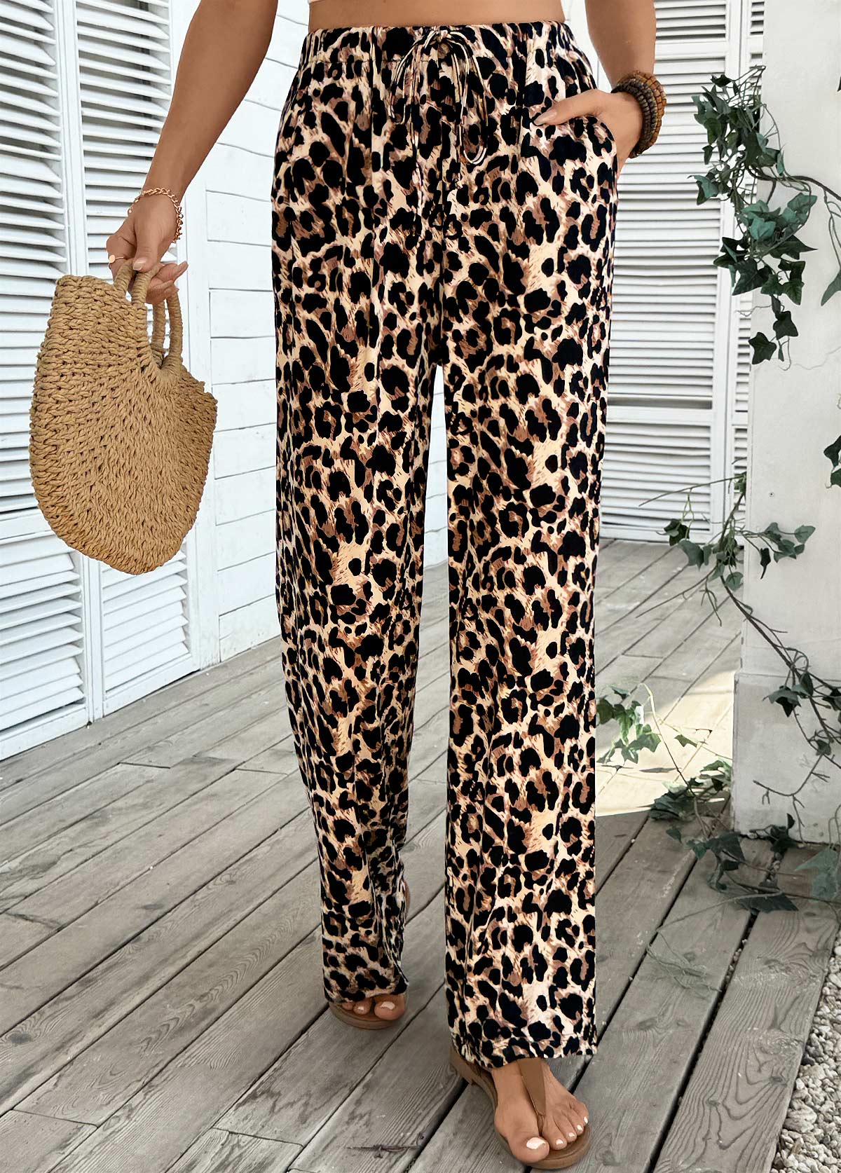Light Coffee Pocket Leopard Wide Leg Elastic Waist Pants | picture 