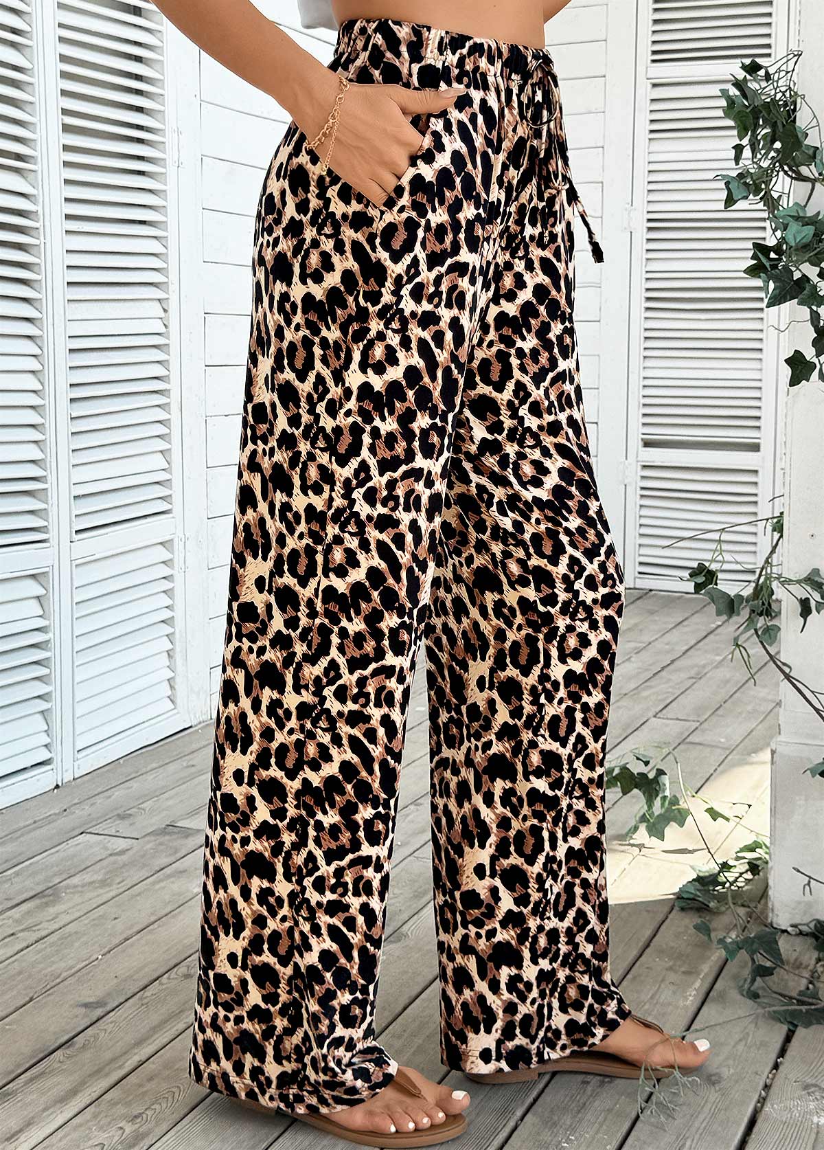 Light Coffee Pocket Leopard Wide Leg Elastic Waist Pants | picture 
