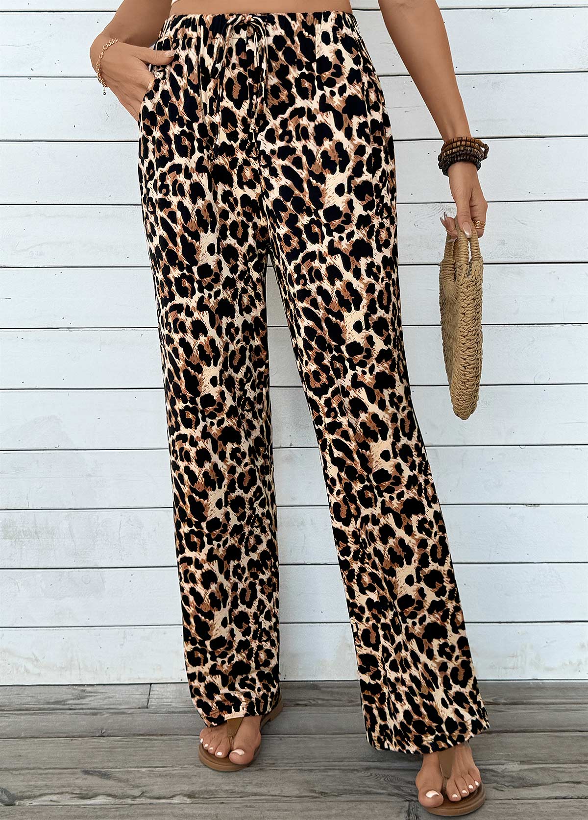 Light Coffee Pocket Leopard Wide Leg Elastic Waist Pants | picture 