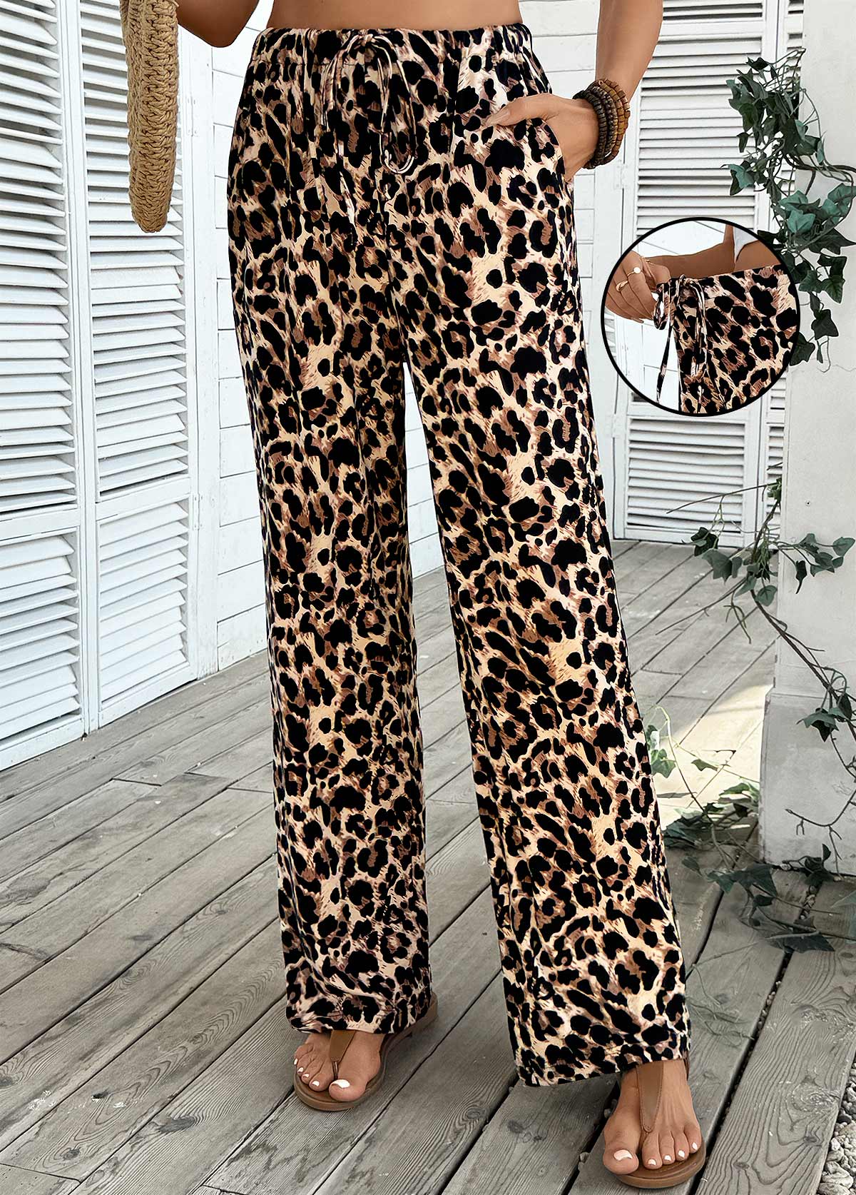 Light Coffee Pocket Leopard Wide Leg Elastic Waist Pants | picture 