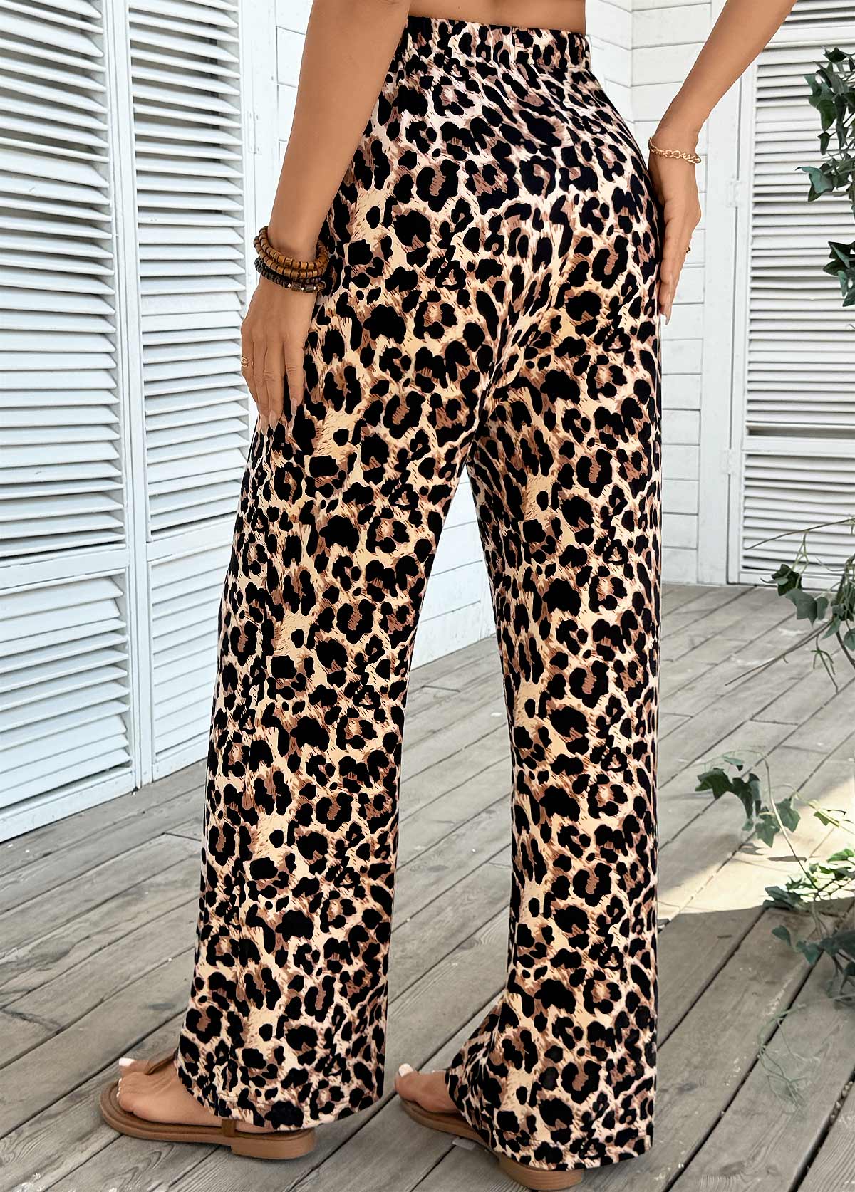 Light Coffee Pocket Leopard Wide Leg Elastic Waist Pants | picture 