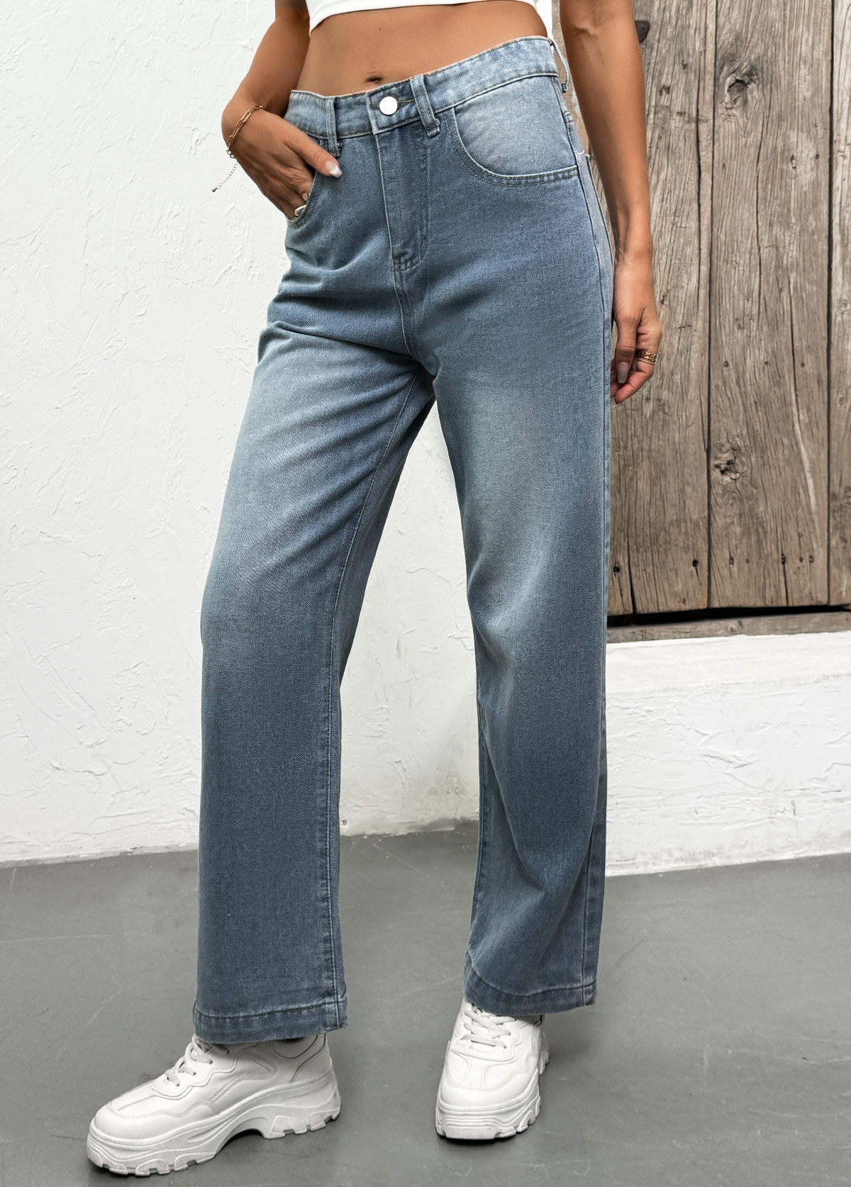 Denim Blue Pocket Straight Leg Button Fly Jeans | picture 