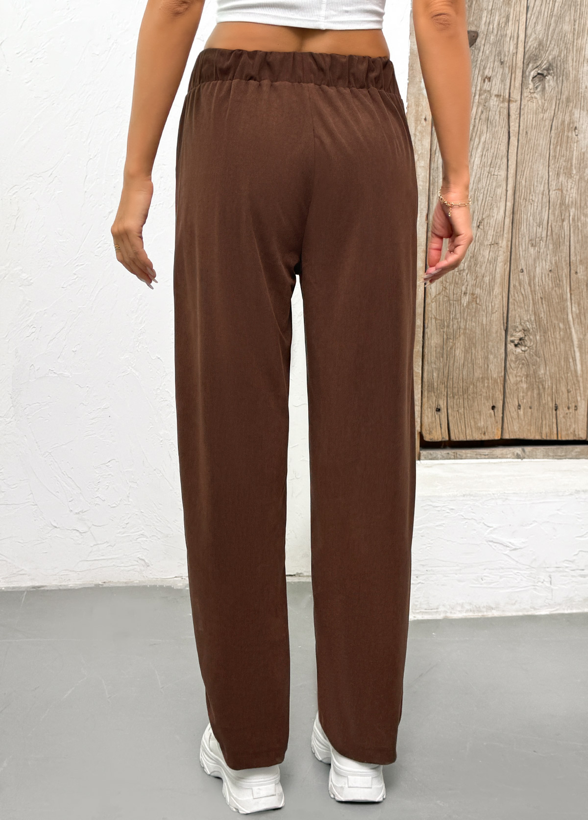 Dark Coffee Pocket Straight Leg Elastic Waist Pants | picture 