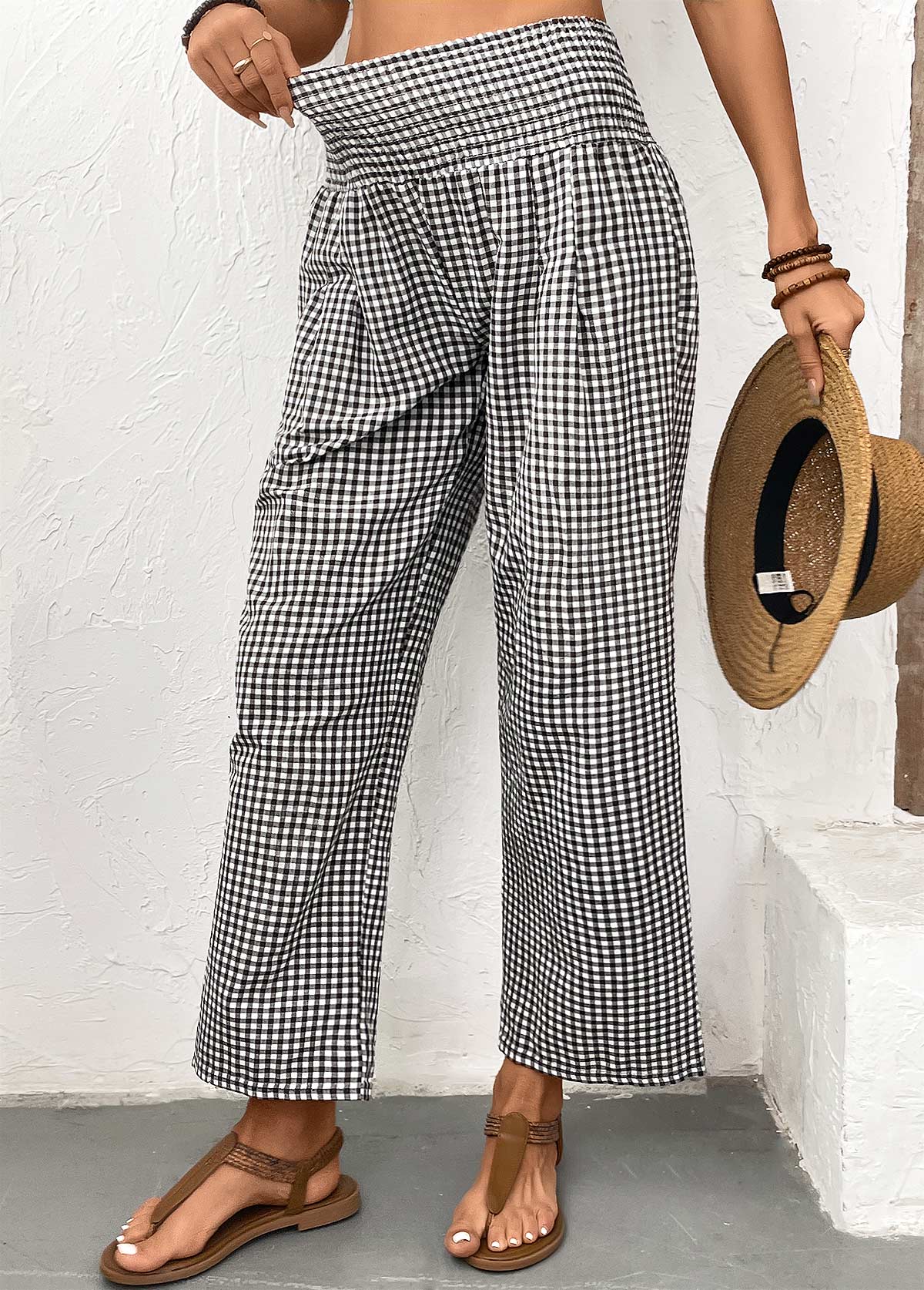 Black Plaid Wide Leg Elastic Waist High Waisted Pants | picture 