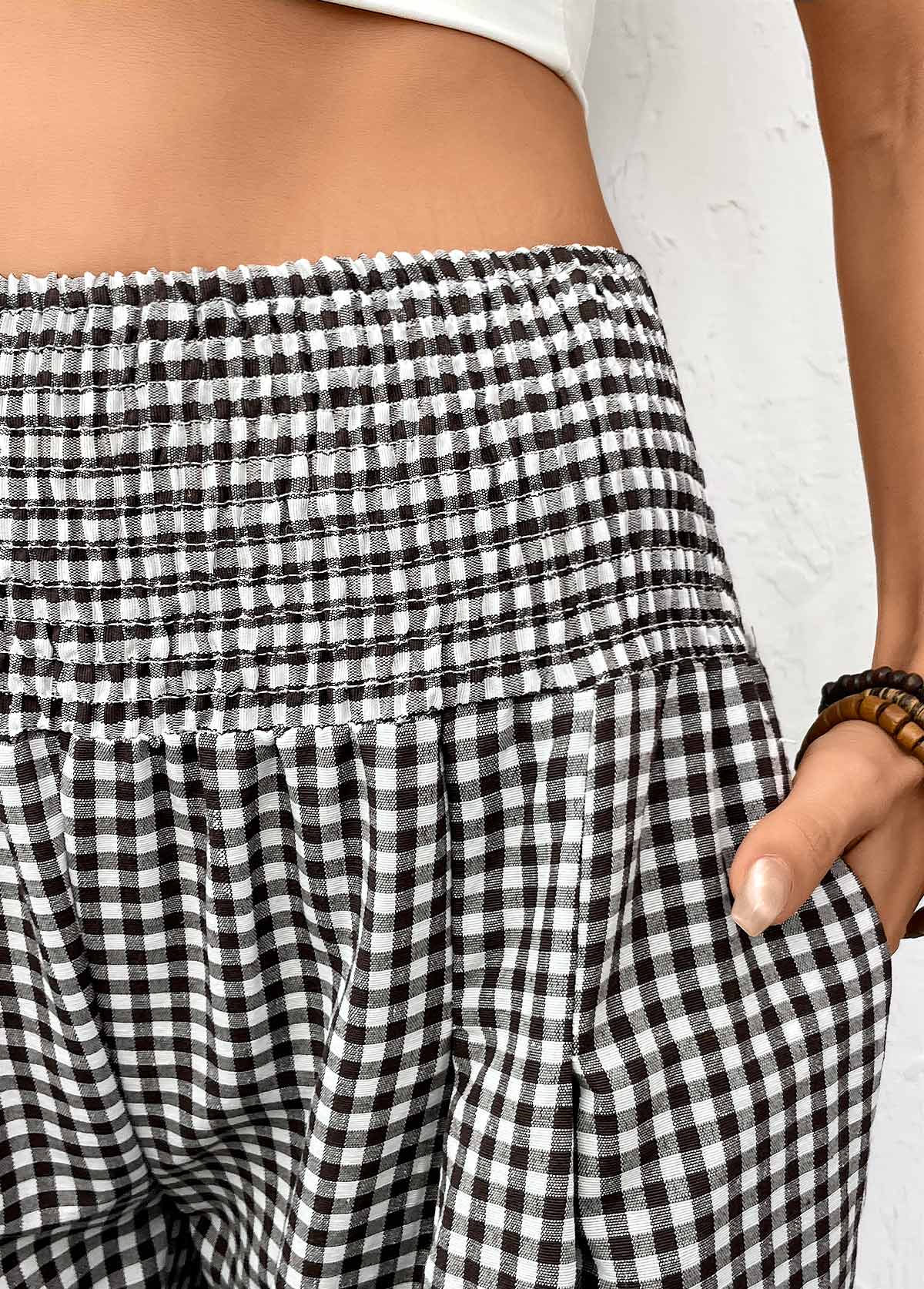 Black Plaid Wide Leg Elastic Waist High Waisted Pants | picture 
