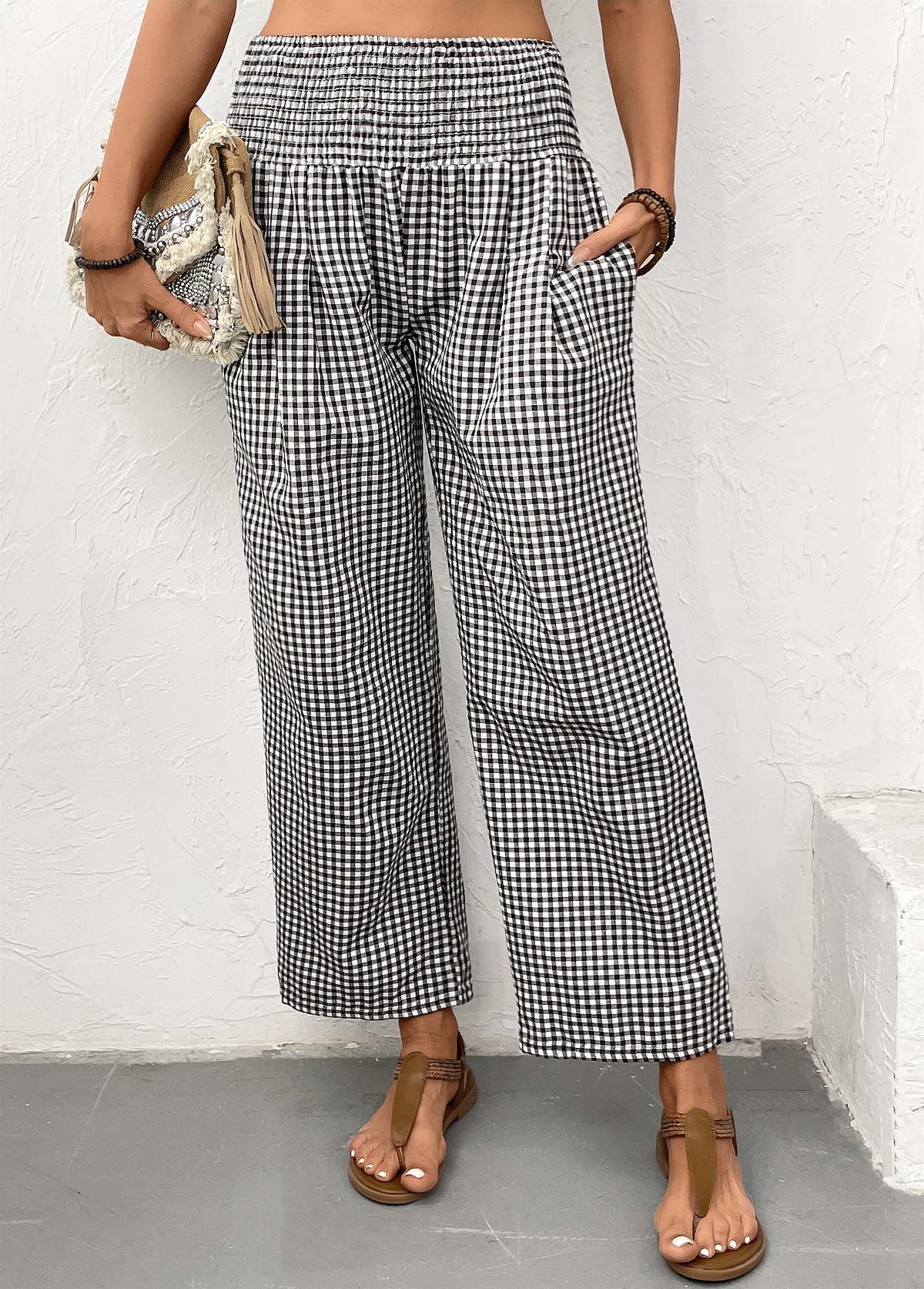Black Plaid Wide Leg Elastic Waist High Waisted Pants | picture 