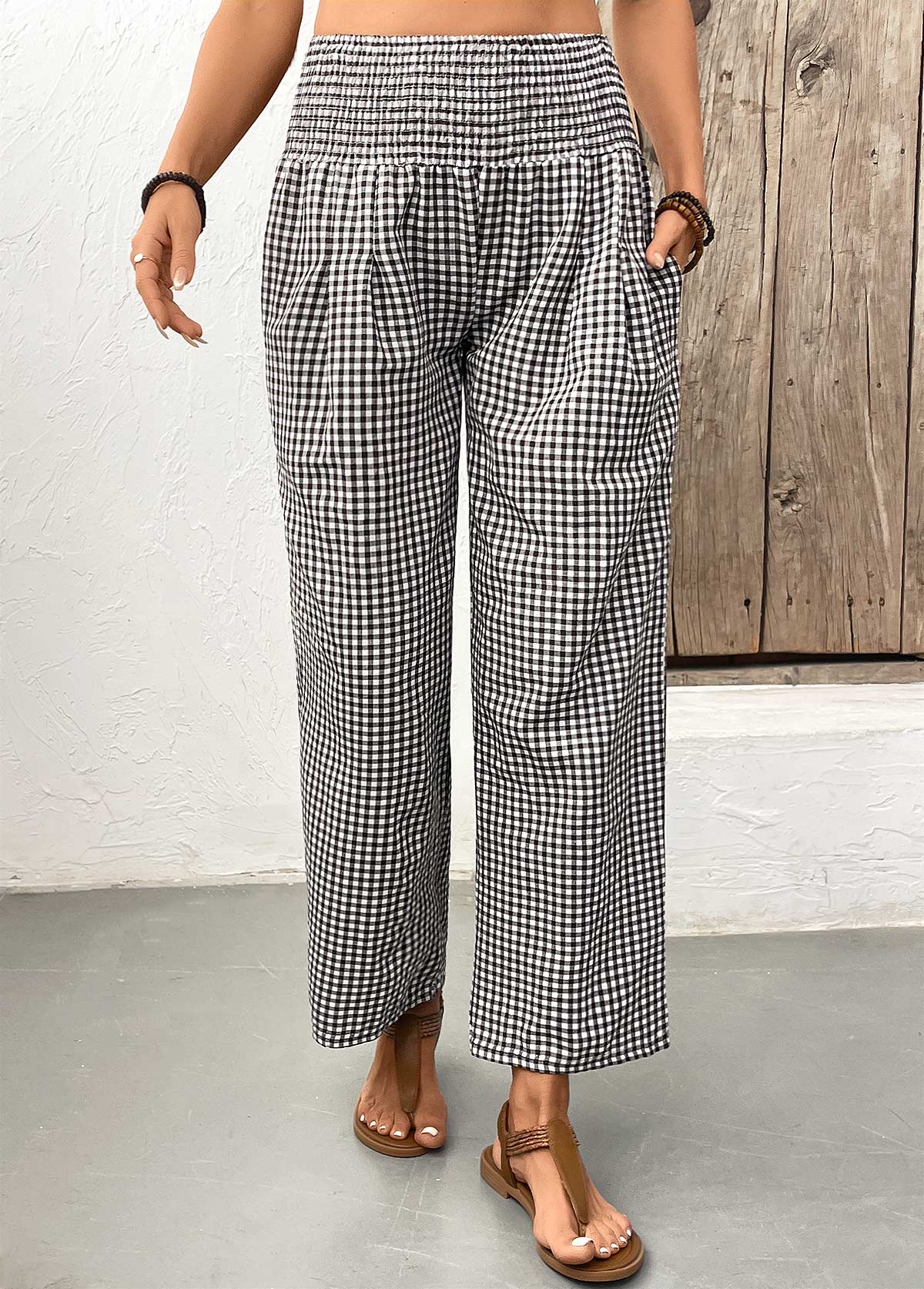 Black Plaid Wide Leg Elastic Waist High Waisted Pants | picture 
