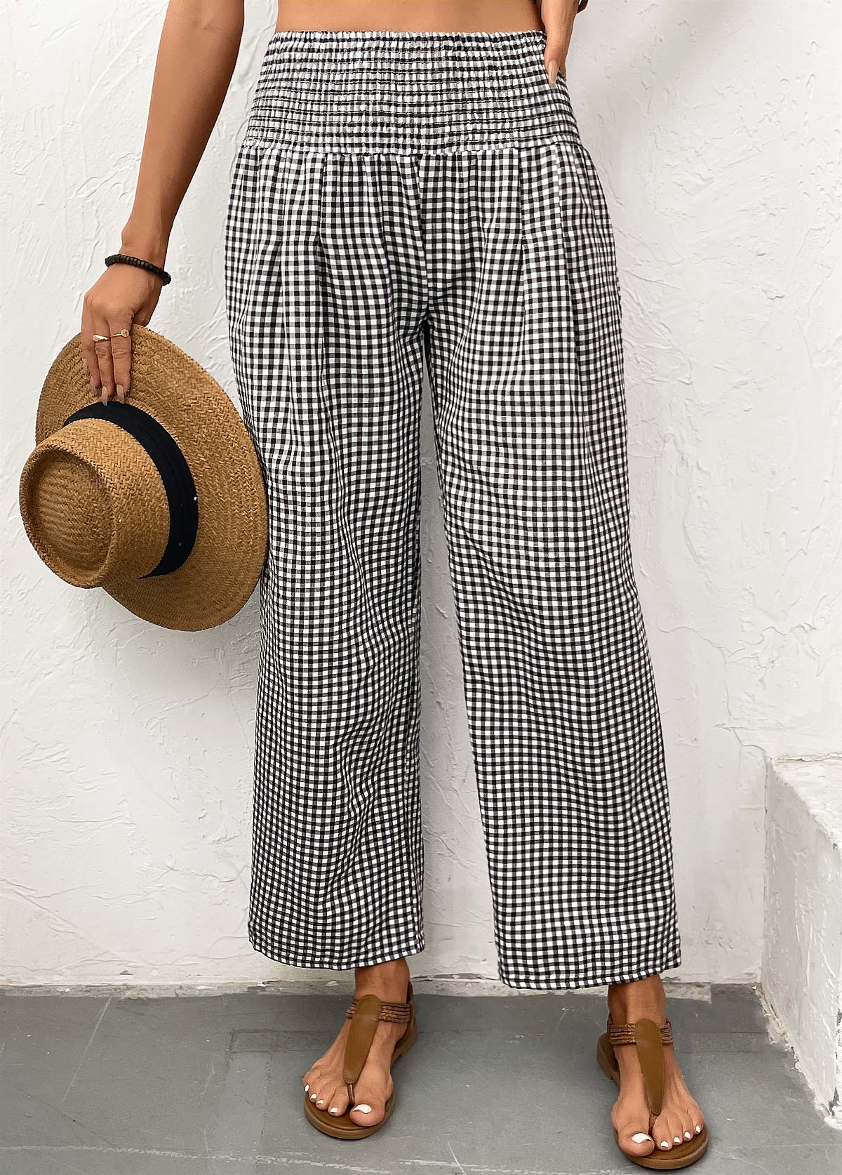 Black Plaid Wide Leg Elastic Waist High Waisted Pants | picture 