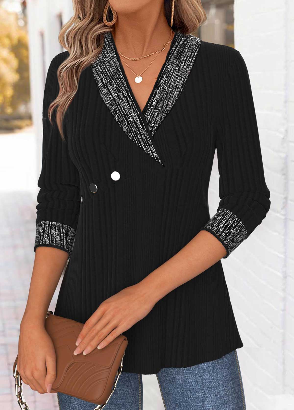 Black Tummy Control Long Sleeve Turn Down Collar Blouse | picture 