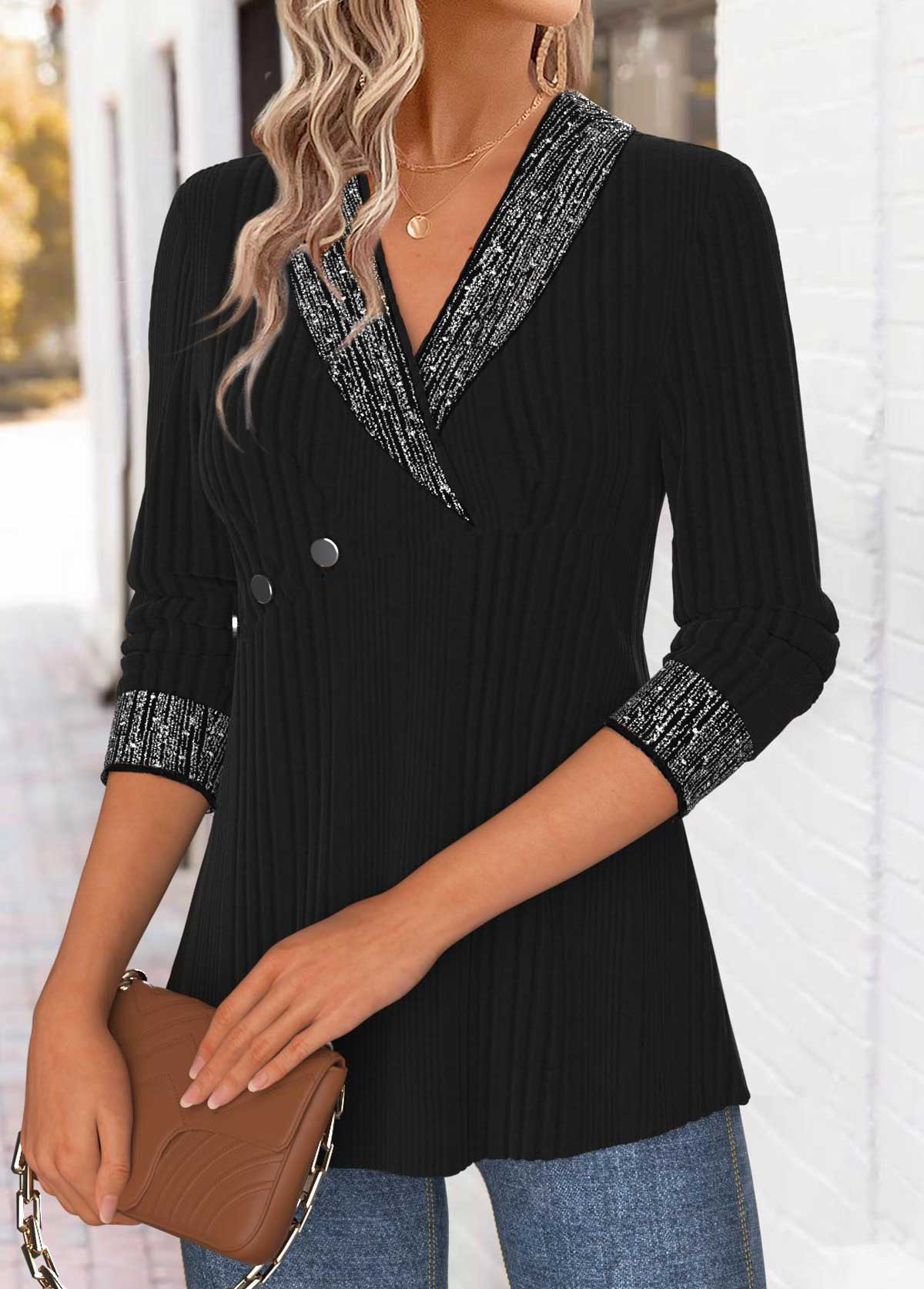 Black Tummy Control Long Sleeve Turn Down Collar Blouse | picture 