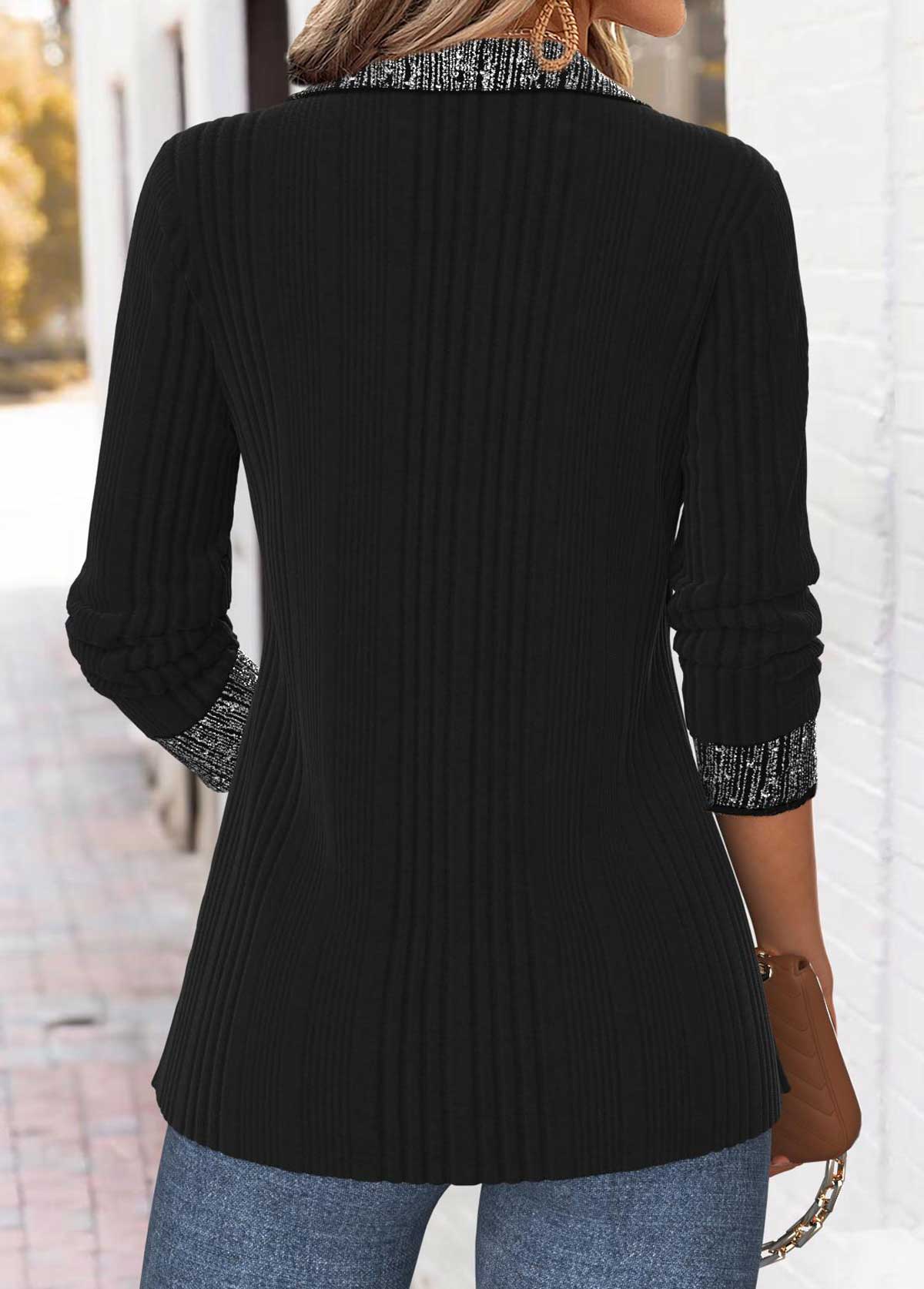 Black Tummy Control Long Sleeve Turn Down Collar Blouse | picture 