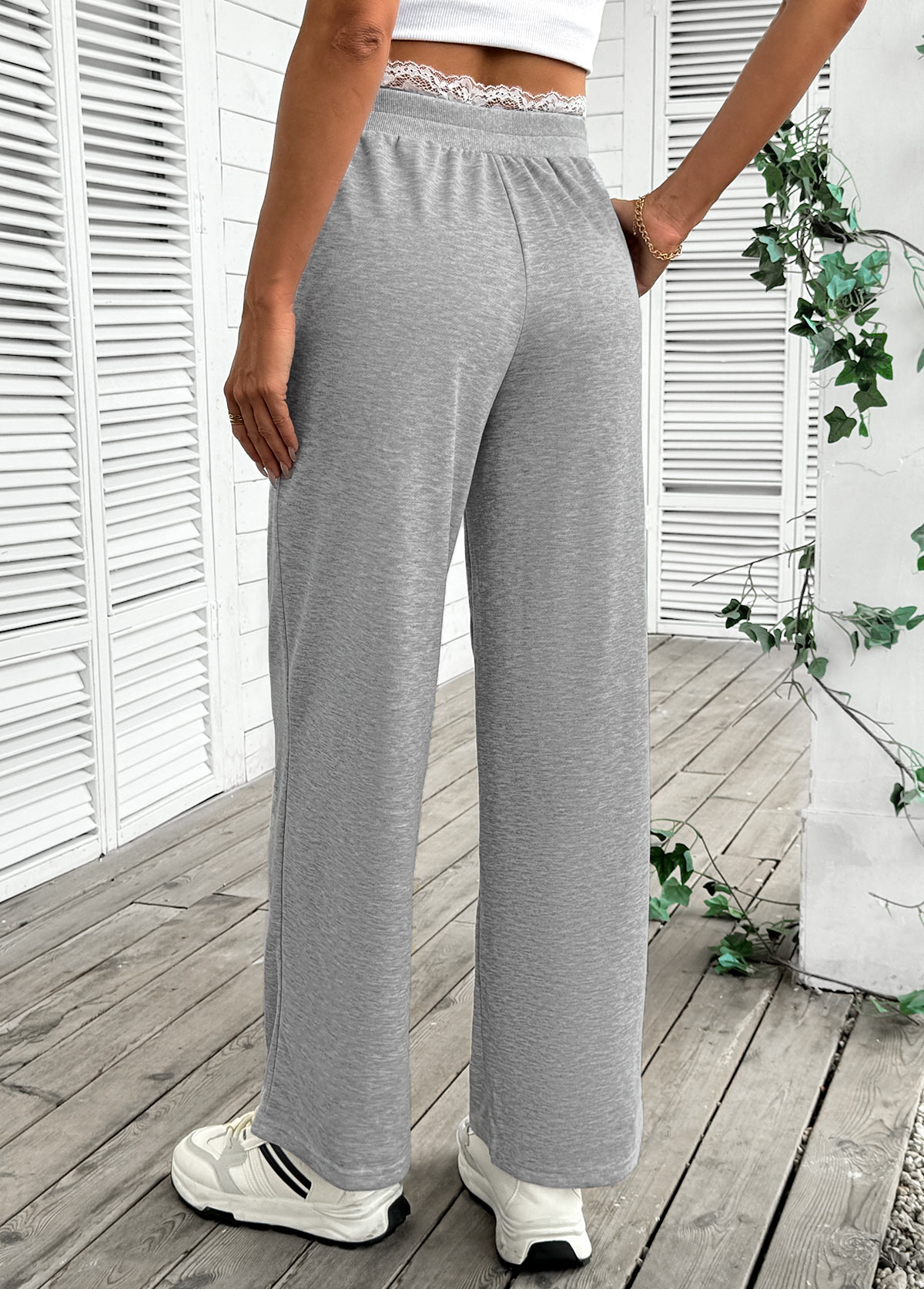 Grey Soft Wide Leg Elastic Waist High Waisted Pants | picture 