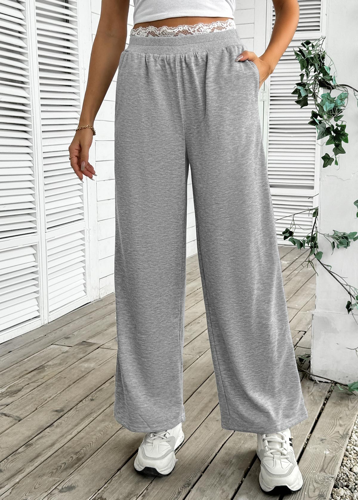 Grey Soft Wide Leg Elastic Waist High Waisted Pants | picture 