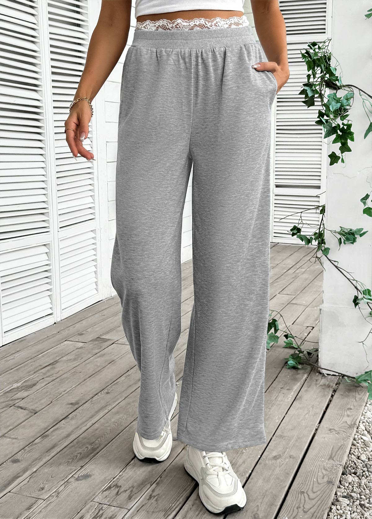 Grey Soft Wide Leg Elastic Waist High Waisted Pants | picture 