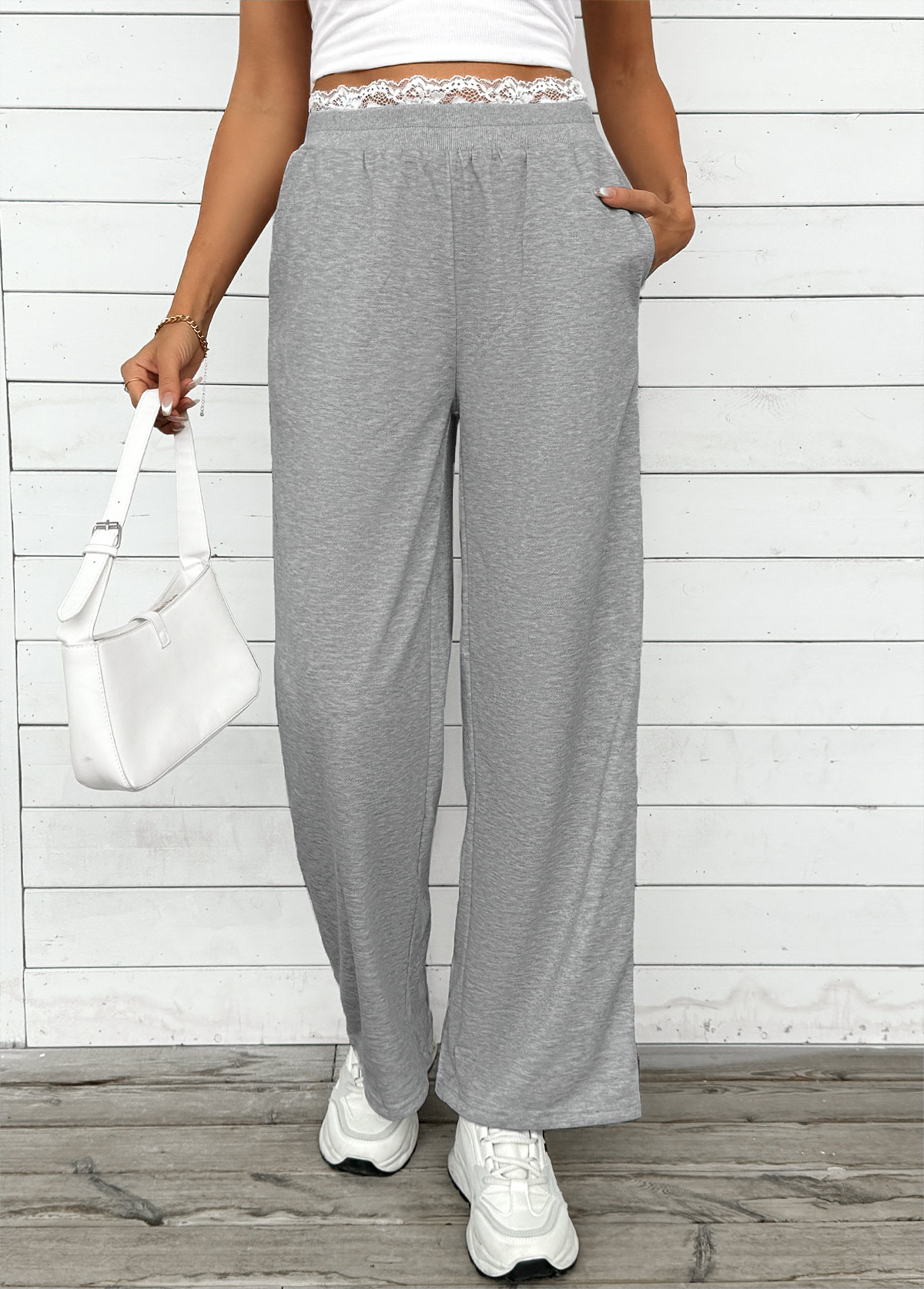 Grey Soft Wide Leg Elastic Waist High Waisted Pants | picture 