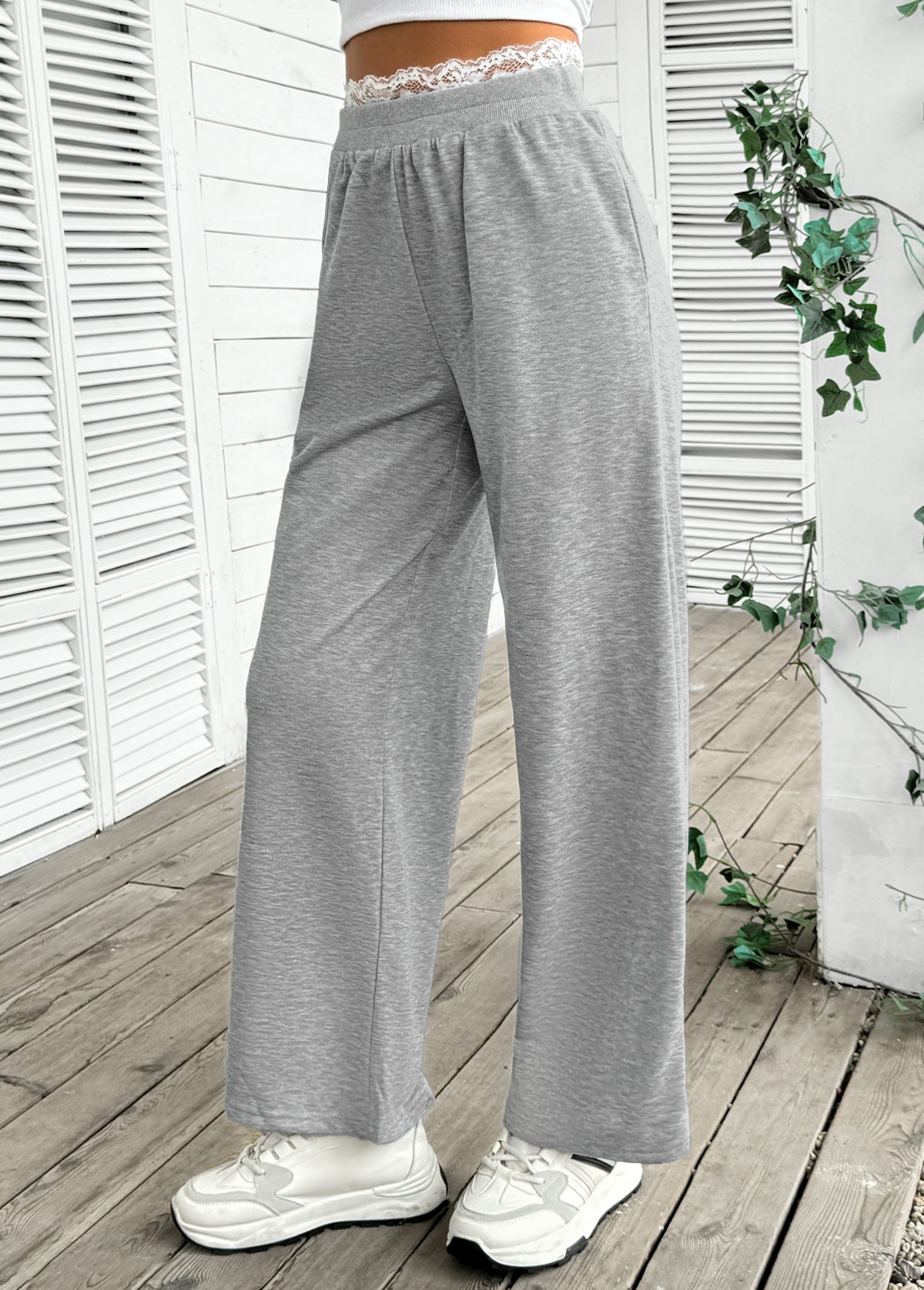 Grey Soft Wide Leg Elastic Waist High Waisted Pants | picture 