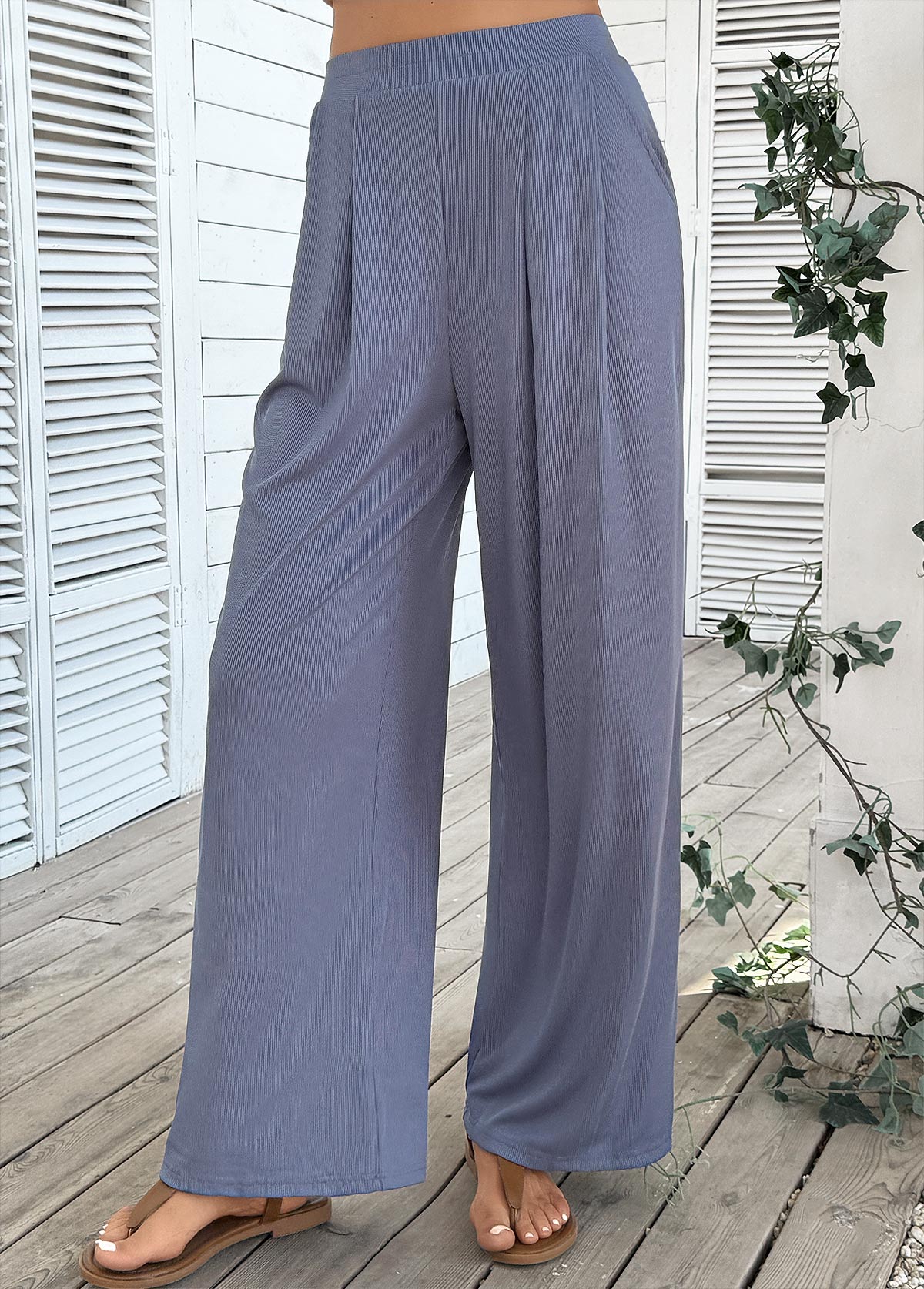 Blue Wide Leg Elastic Waist High Waisted Pants | picture 