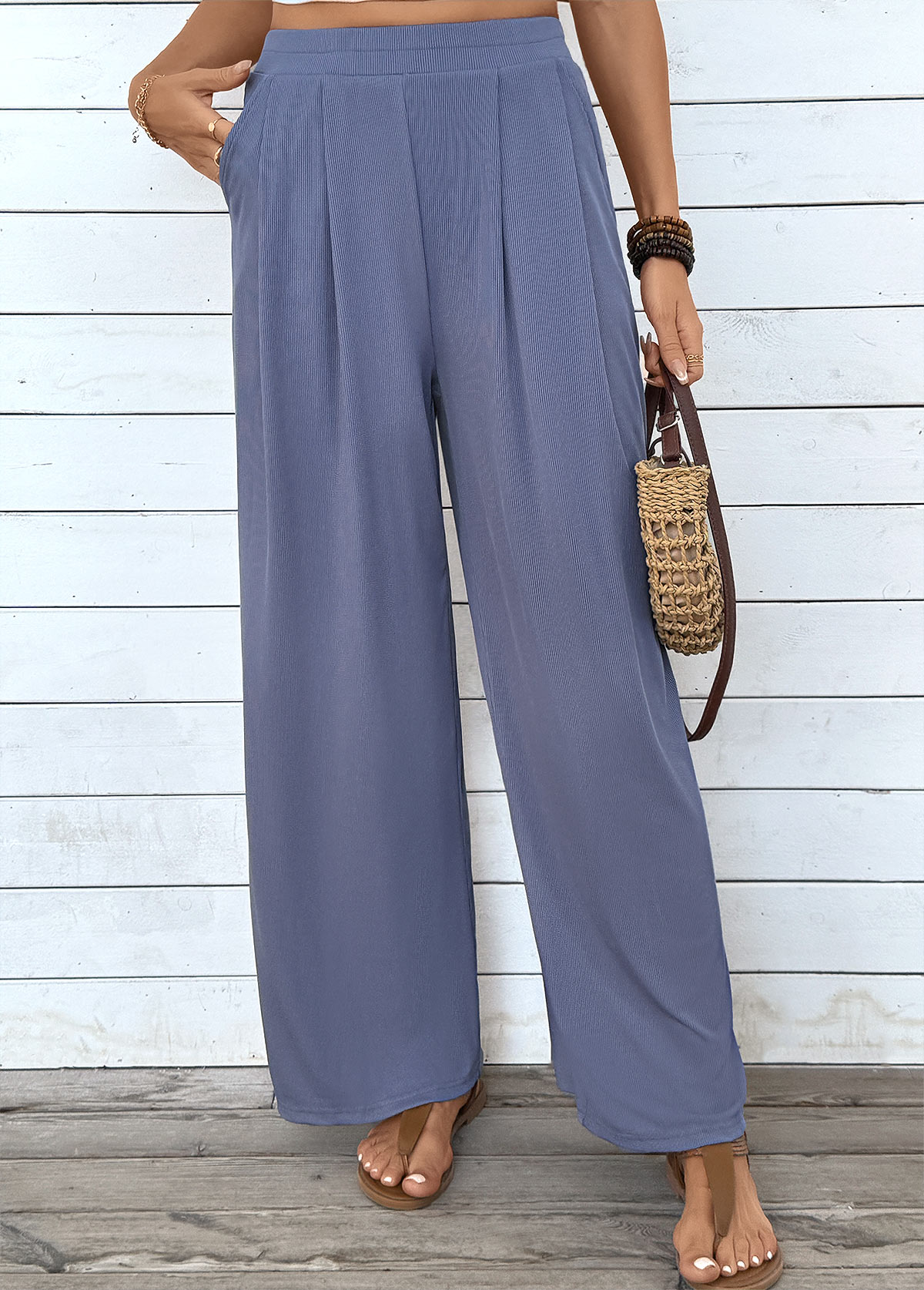 Blue Wide Leg Elastic Waist High Waisted Pants | picture 