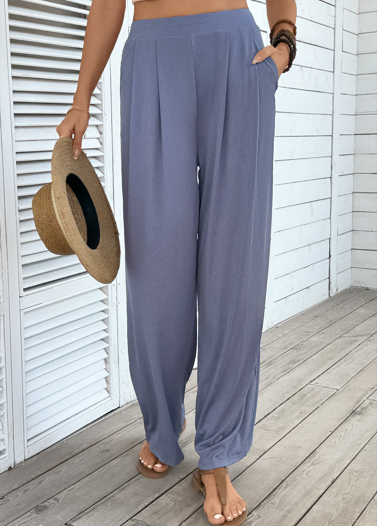 Blue Wide Leg Elastic Waist High Waisted Pants | picture 