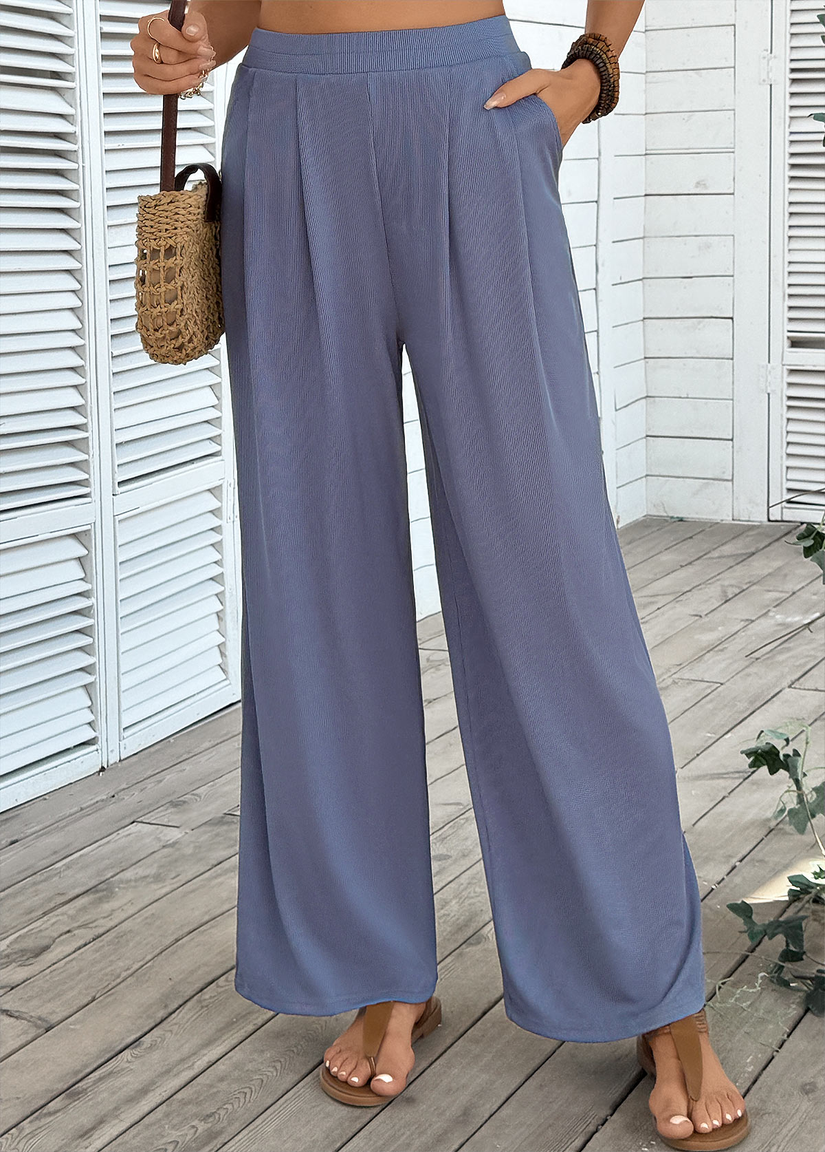 Blue Wide Leg Elastic Waist High Waisted Pants | picture 