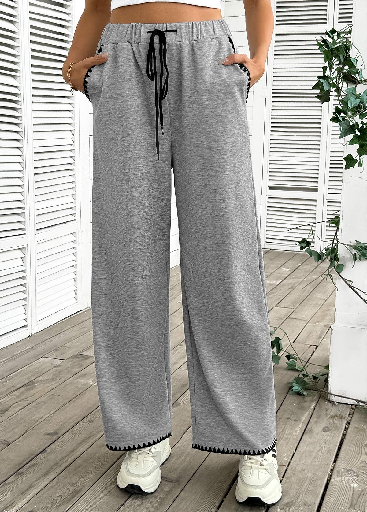 Grey Pocket Wide Leg Elastic Waist High Waisted Pants | picture 