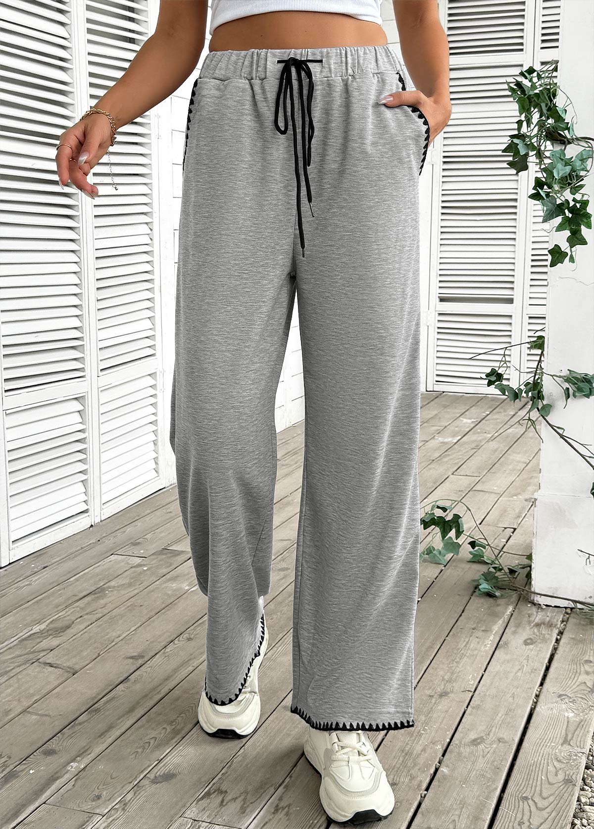 Grey Pocket Wide Leg Elastic Waist High Waisted Pants | picture 